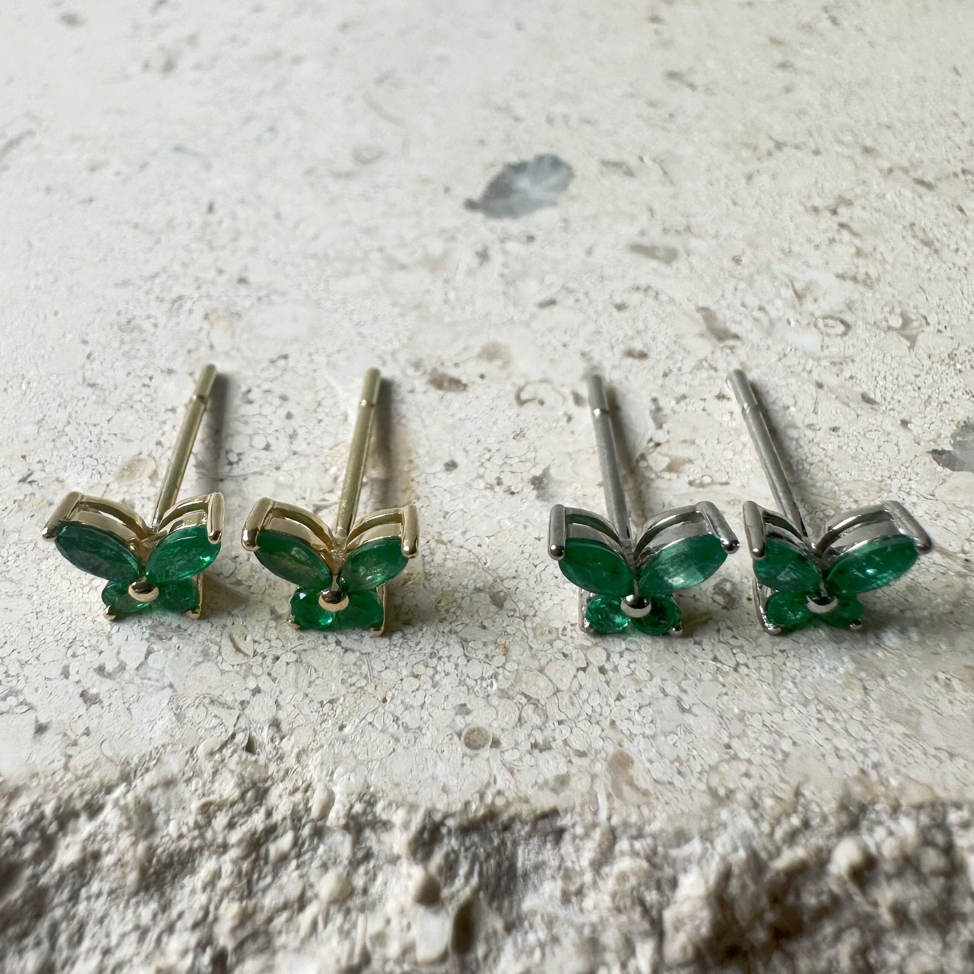 14K Solid Gold Genuine Emerald Butterfly Studs/Pair