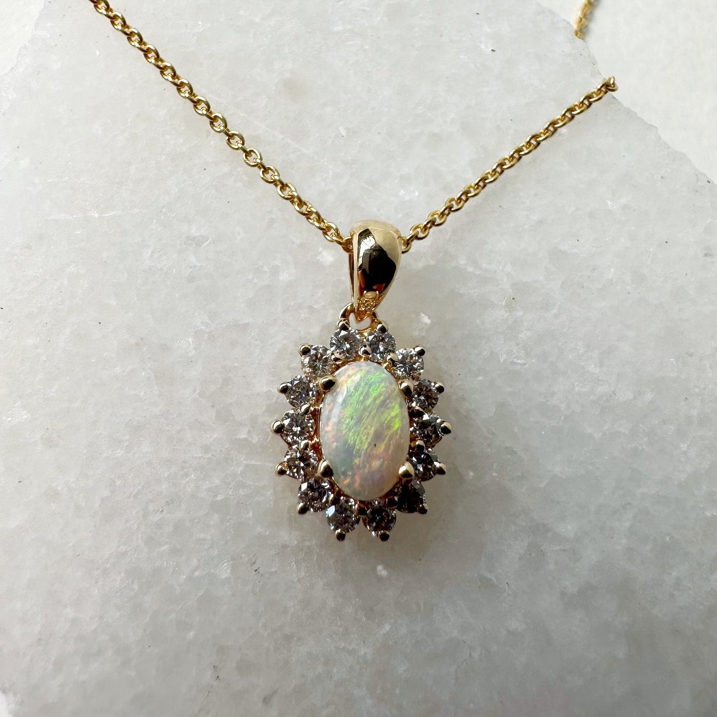 18K Solid Yellow Gold Genuine Opal and Diamond Pendant (Pendant only)