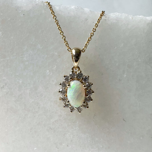18K Solid Yellow Gold Genuine Opal and Diamond Pendant (Pendant only)