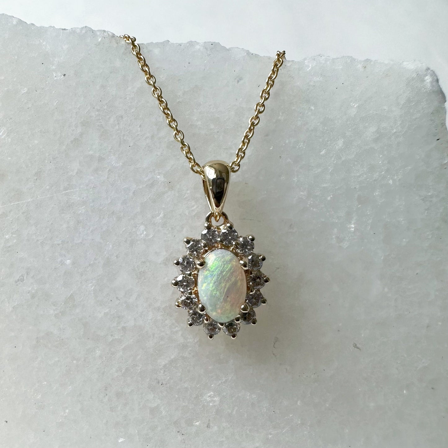 18K Solid Yellow Gold Genuine Opal and Diamond Pendant (Pendant only)