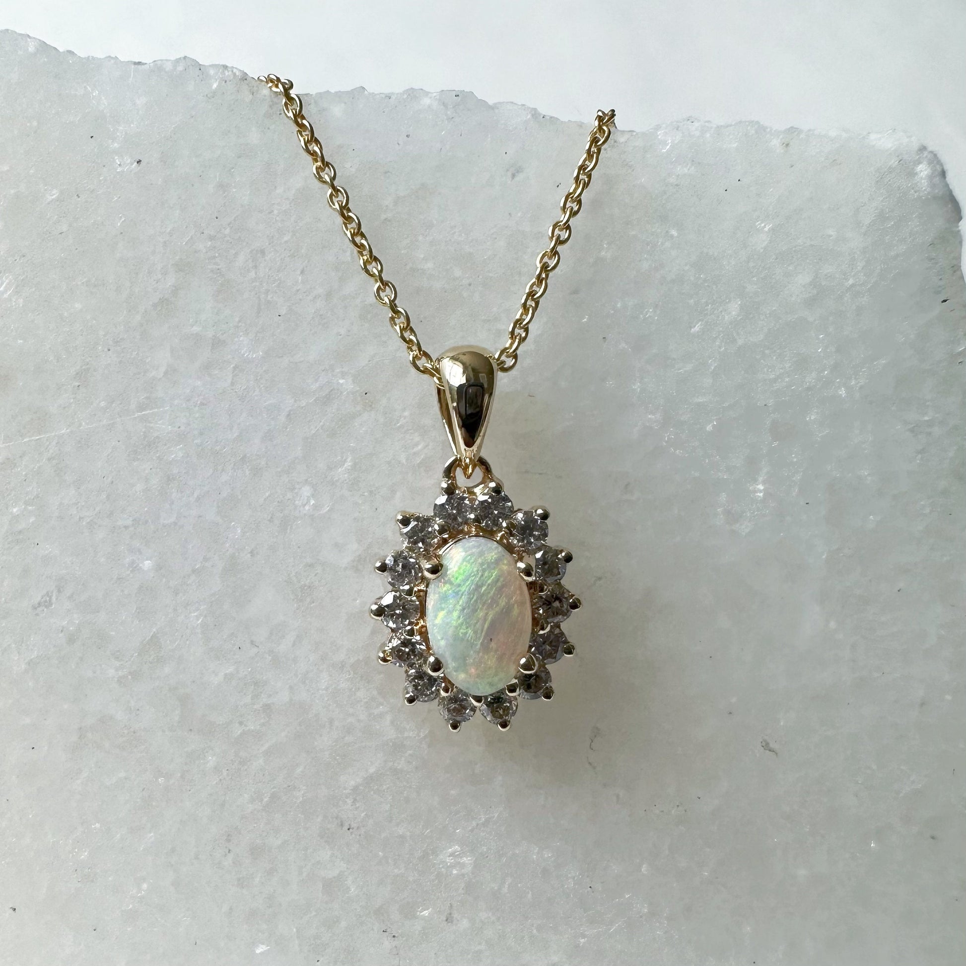 18K Solid Yellow Gold Genuine Opal and Diamond Pendant (Pendant only)