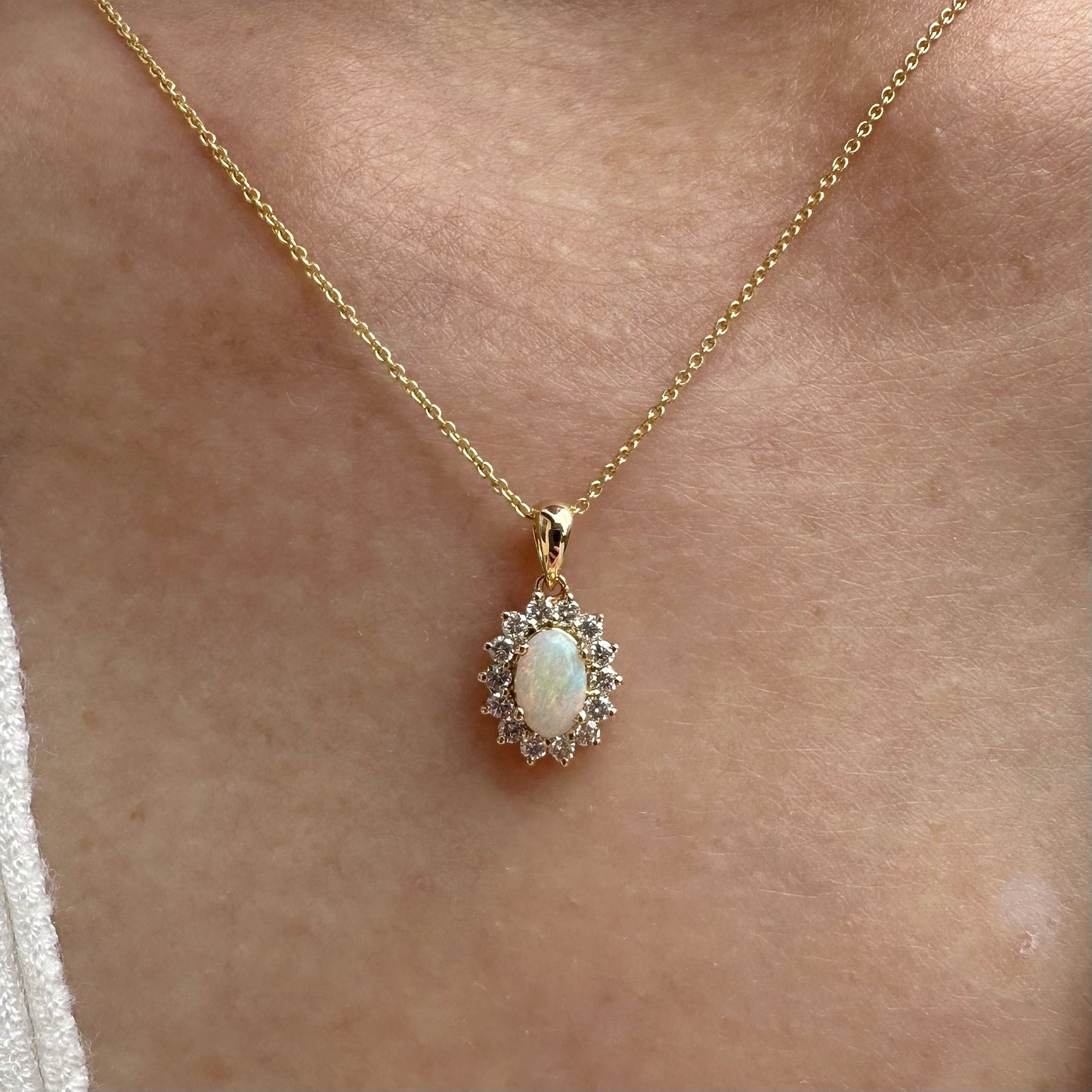 18K Solid Yellow Gold Genuine Opal and Diamond Pendant (Pendant only)