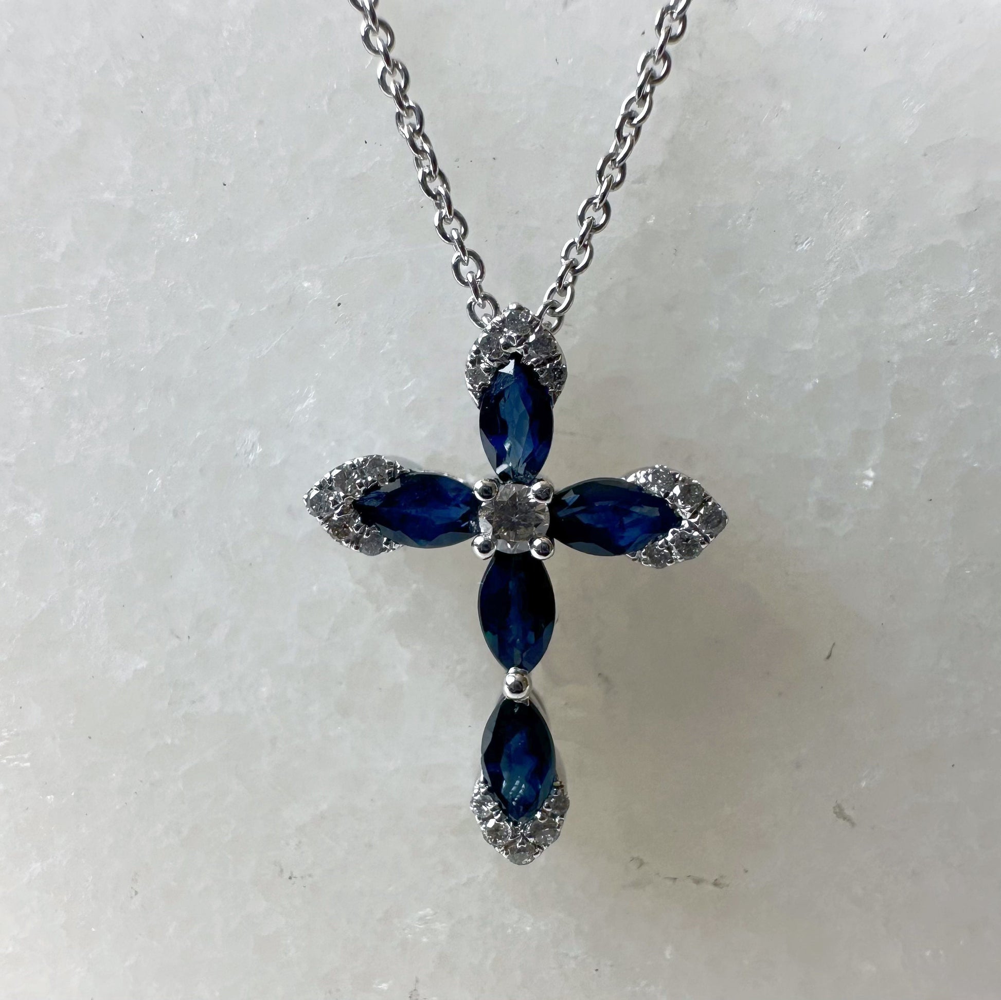 14K Solid White Gold Genuine Sapphire and Diamond Cross Pendant