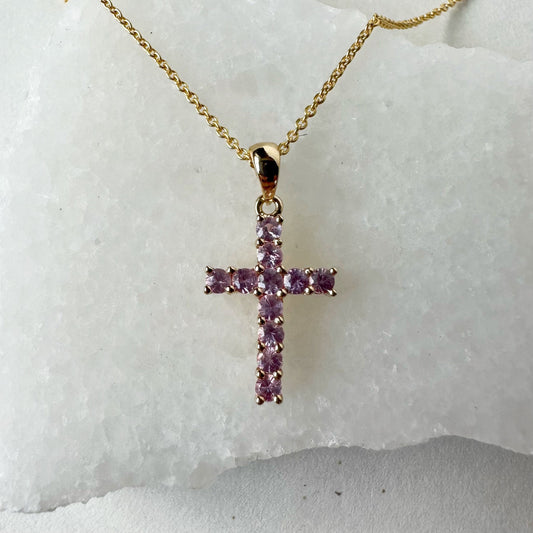 14K Solid Gold Genuine Pink Sapphire Cross Pendant