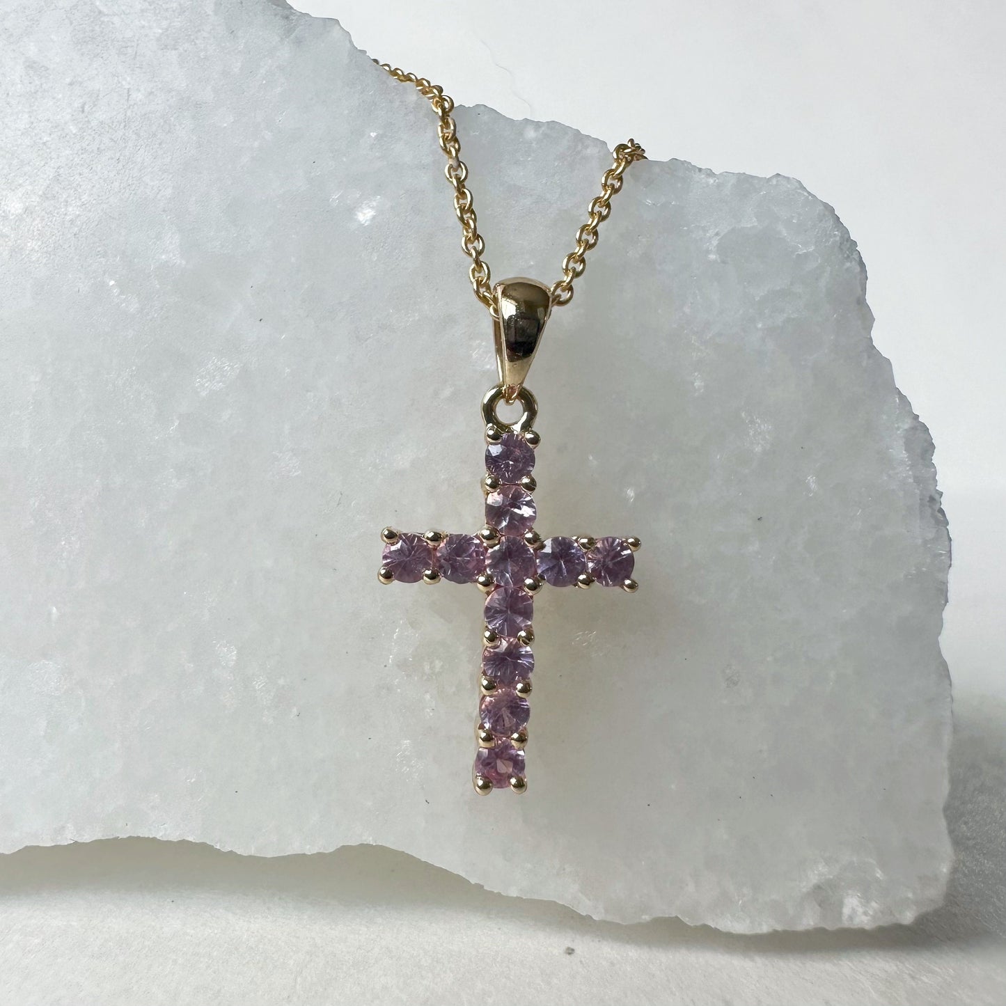 14K Solid Gold Genuine Pink Sapphire Cross Pendant