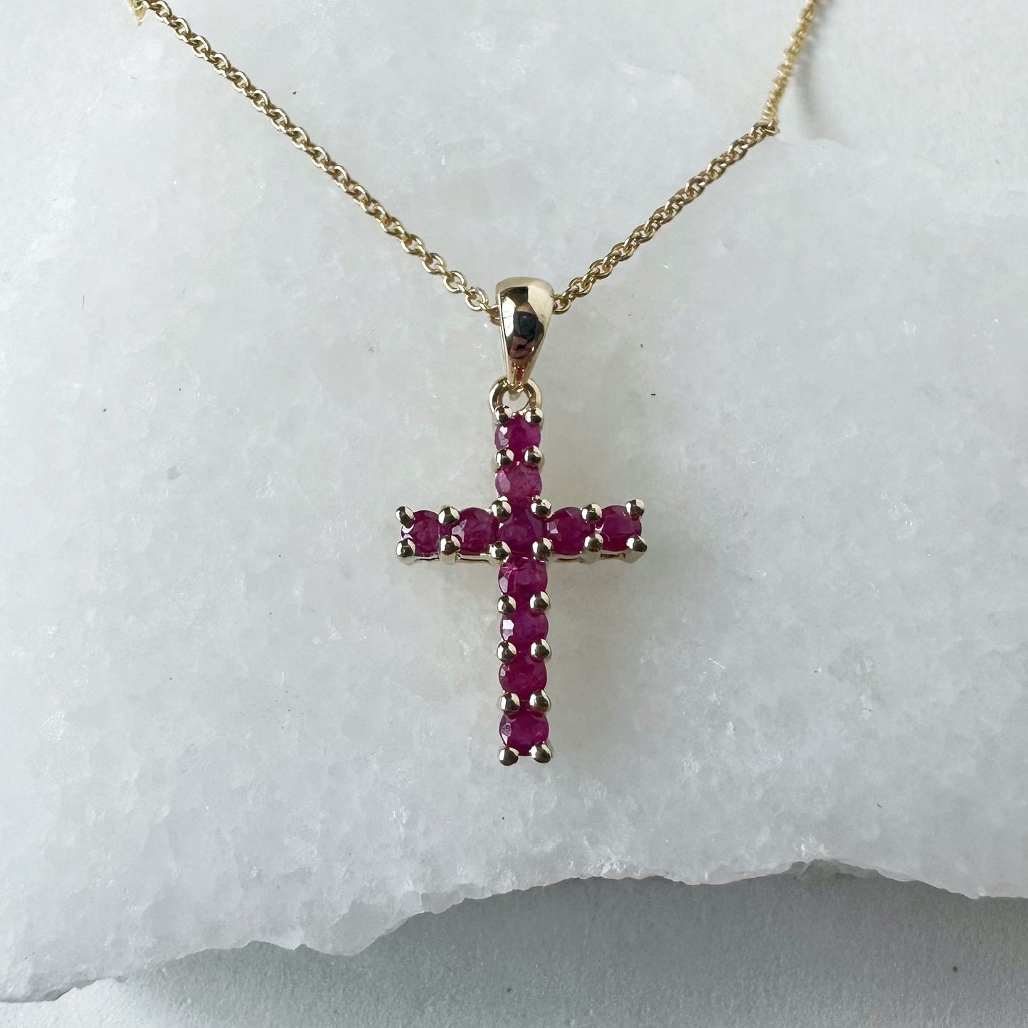14K Solid Gold Genuine Ruby Cross Pendant