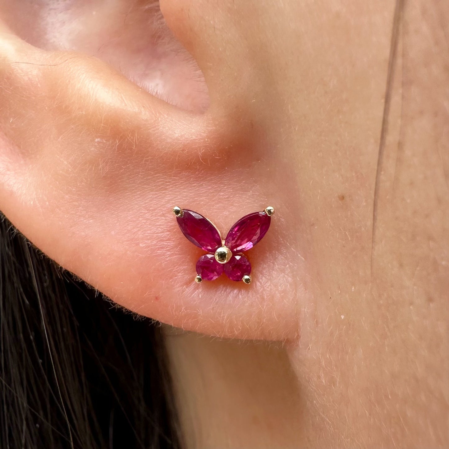 14K Solid Gold Genuine Ruby Butterfly Studs/Pair