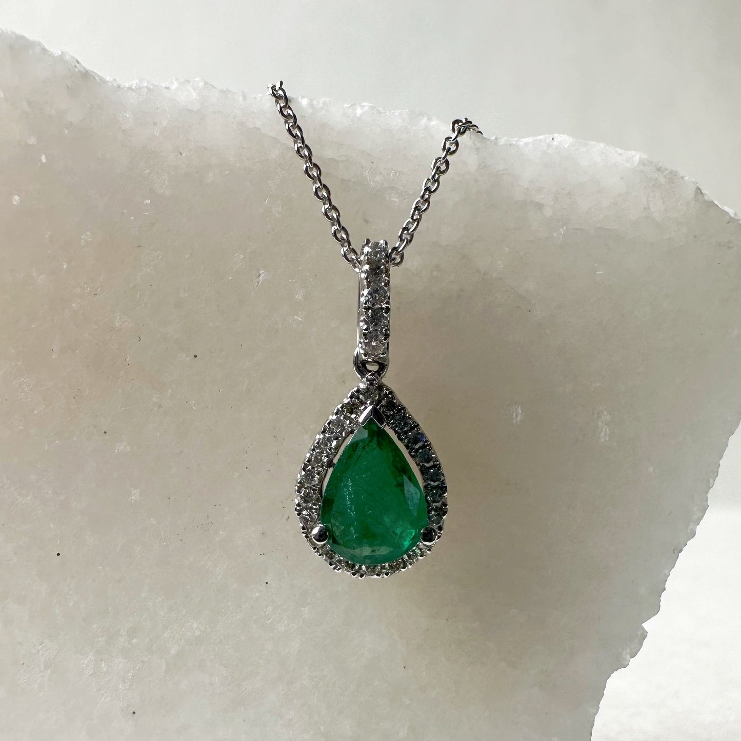14K Solid Gold Genuine Emerald and Diamond Pendant