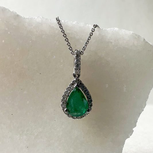 14K Solid Gold Genuine Emerald and Diamond Pendant
