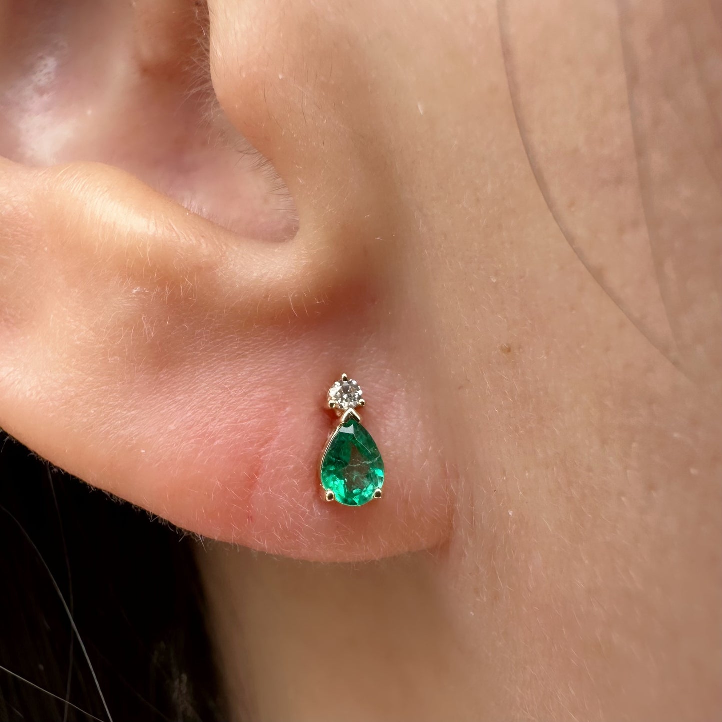 14K Solid Gold Genuine Emerald and Diamond Teardrop Studs/Pair