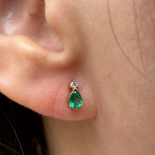 14K Solid Gold Genuine Emerald and Diamond Teardrop Studs/Pair