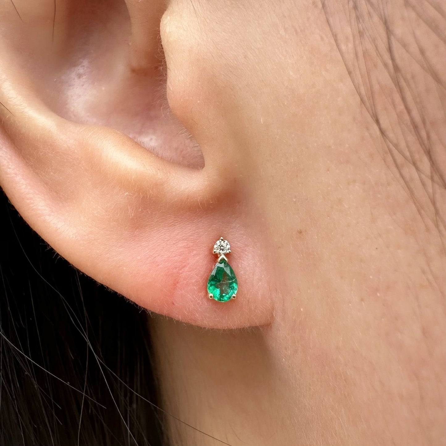 14K Solid Gold Genuine Emerald and Diamond Teardrop Studs/Pair