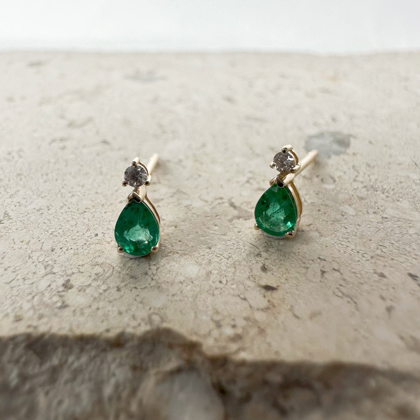 14K Solid Gold Genuine Emerald and Diamond Teardrop Studs/Pair