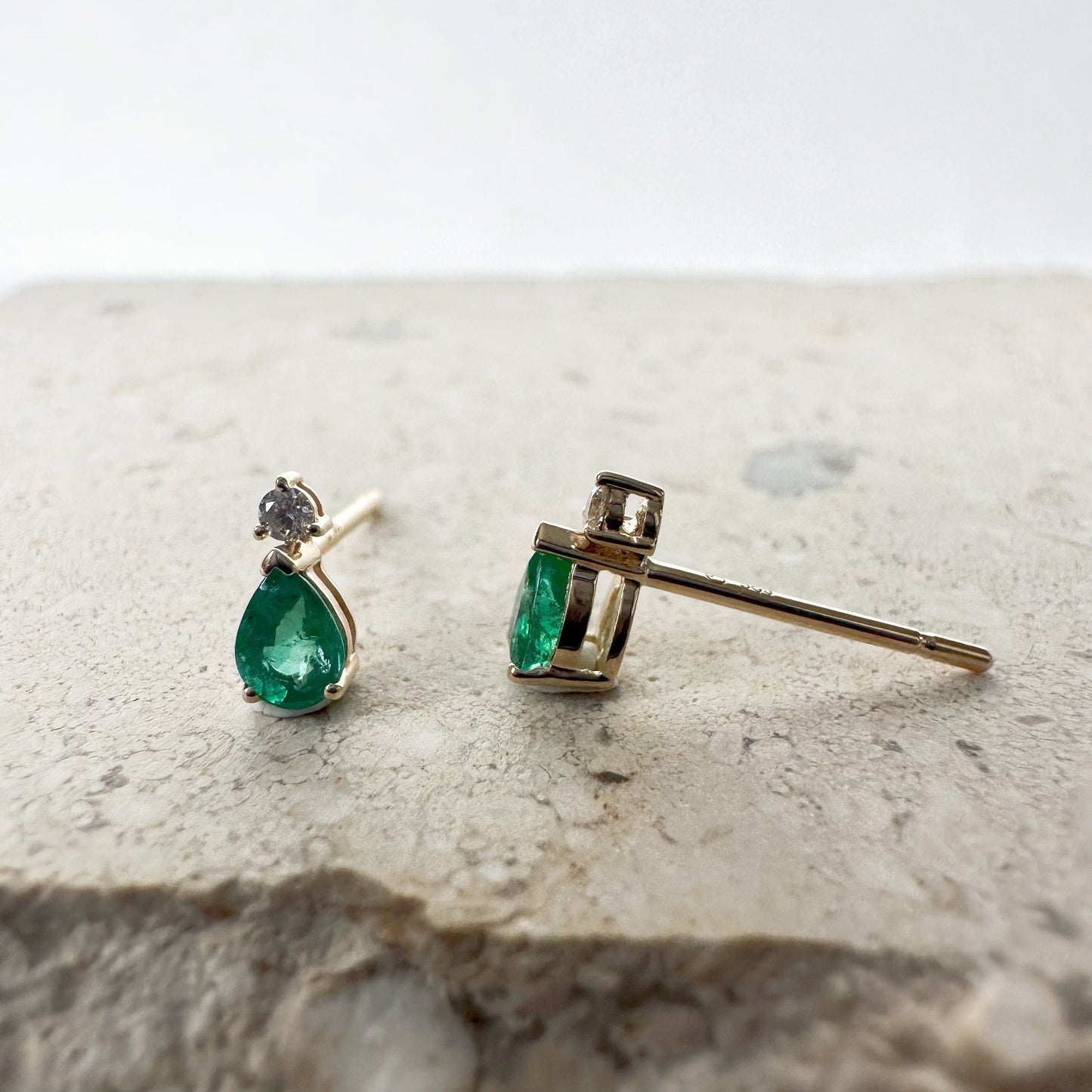 14K Solid Gold Genuine Emerald and Diamond Teardrop Studs/Pair