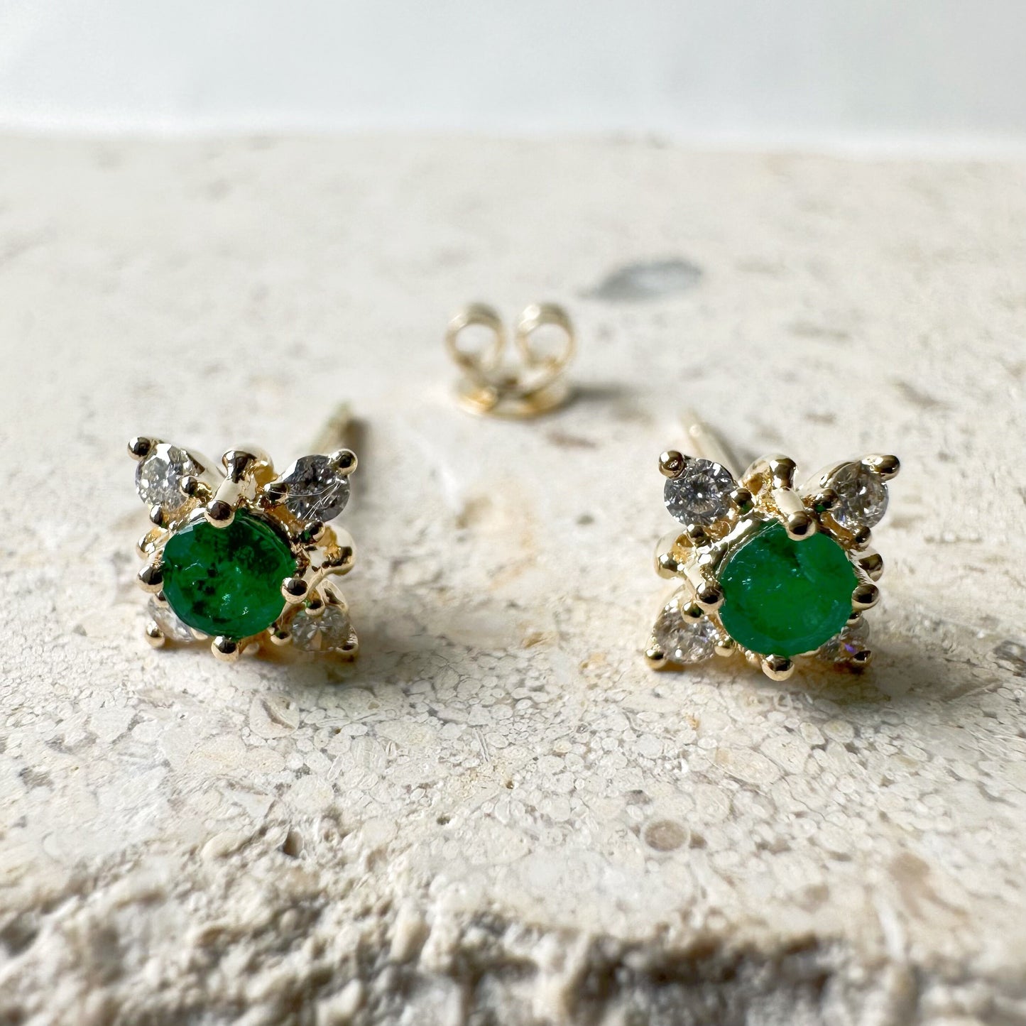 14K Solid Gold Genuine Emerald and Diamond Star Studs/Pair