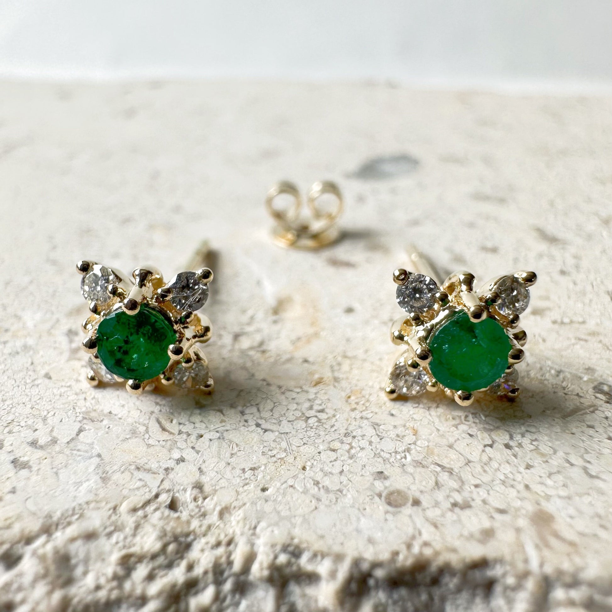 14K Solid Gold Genuine Emerald and Diamond Star Studs/Pair