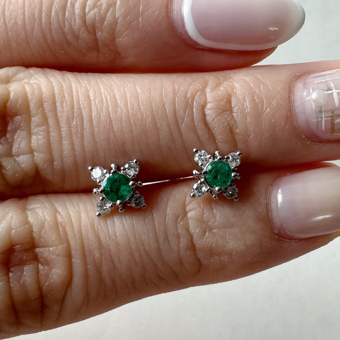 14K Solid Gold Genuine Emerald and Diamond Star Studs/Pair
