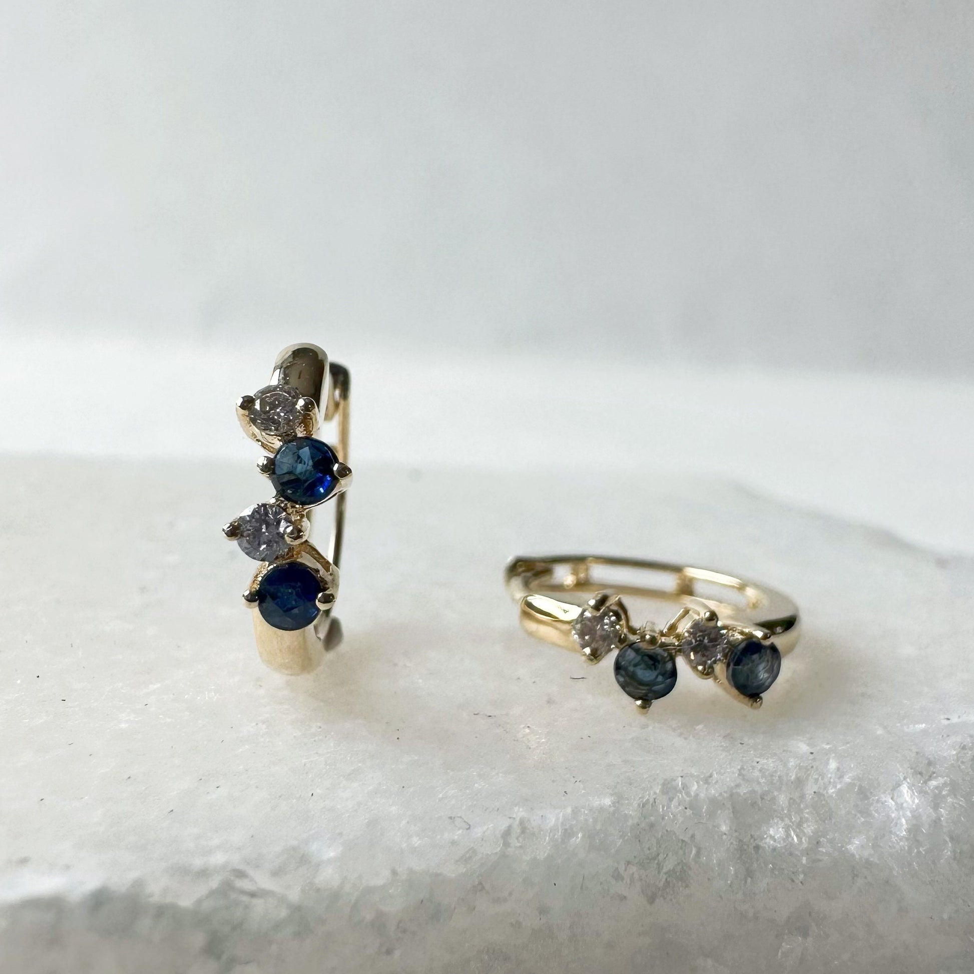 14K Solid Gold Genuine Diamond and Sapphire Cluster Huggies/Hoops/Pair