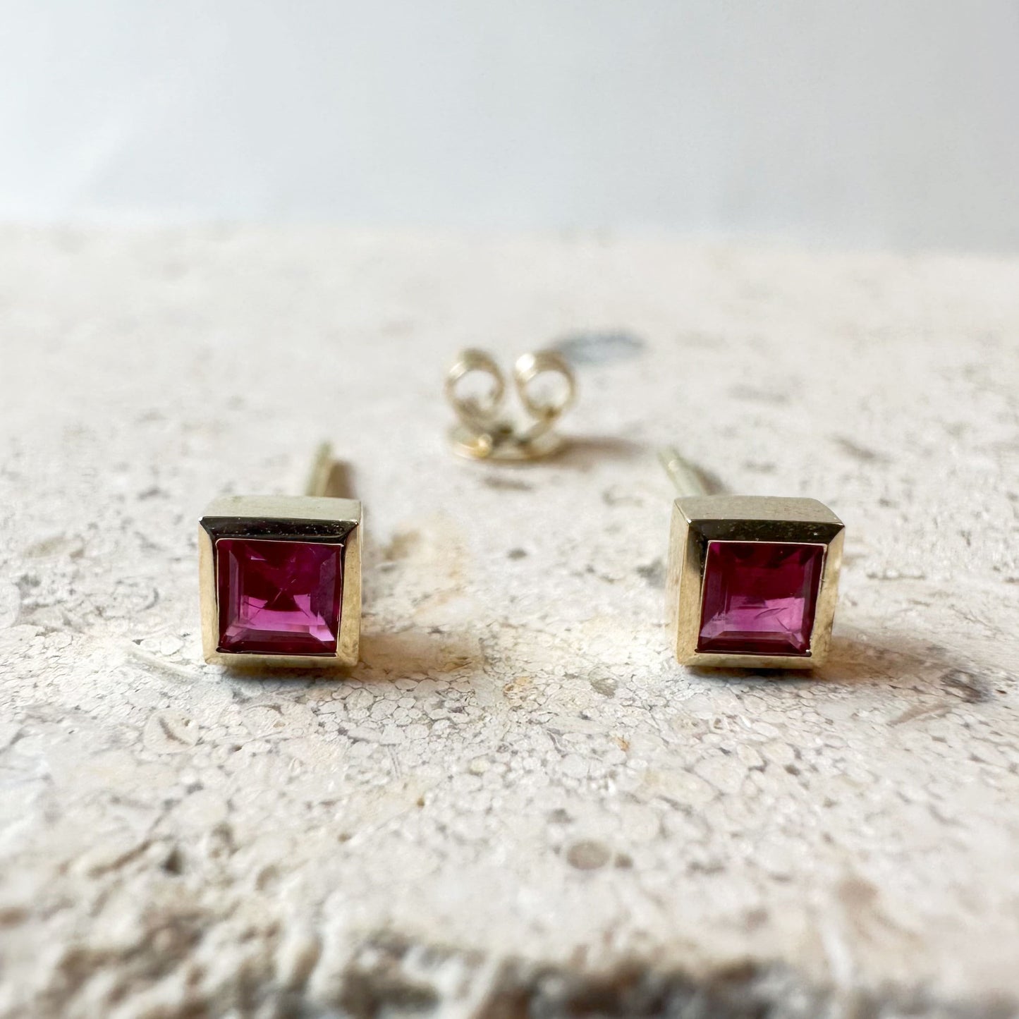 14K Solid Gold Genuine Square Ruby Bezel Studs/Pair