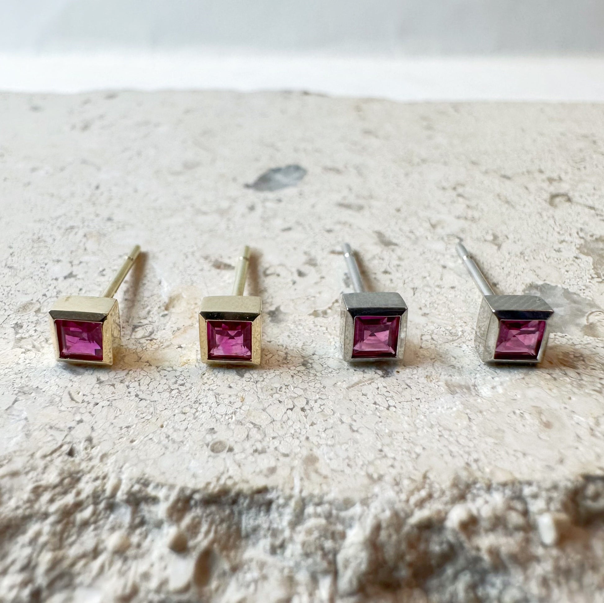14K Solid Gold Genuine Square Ruby Bezel Studs/Pair