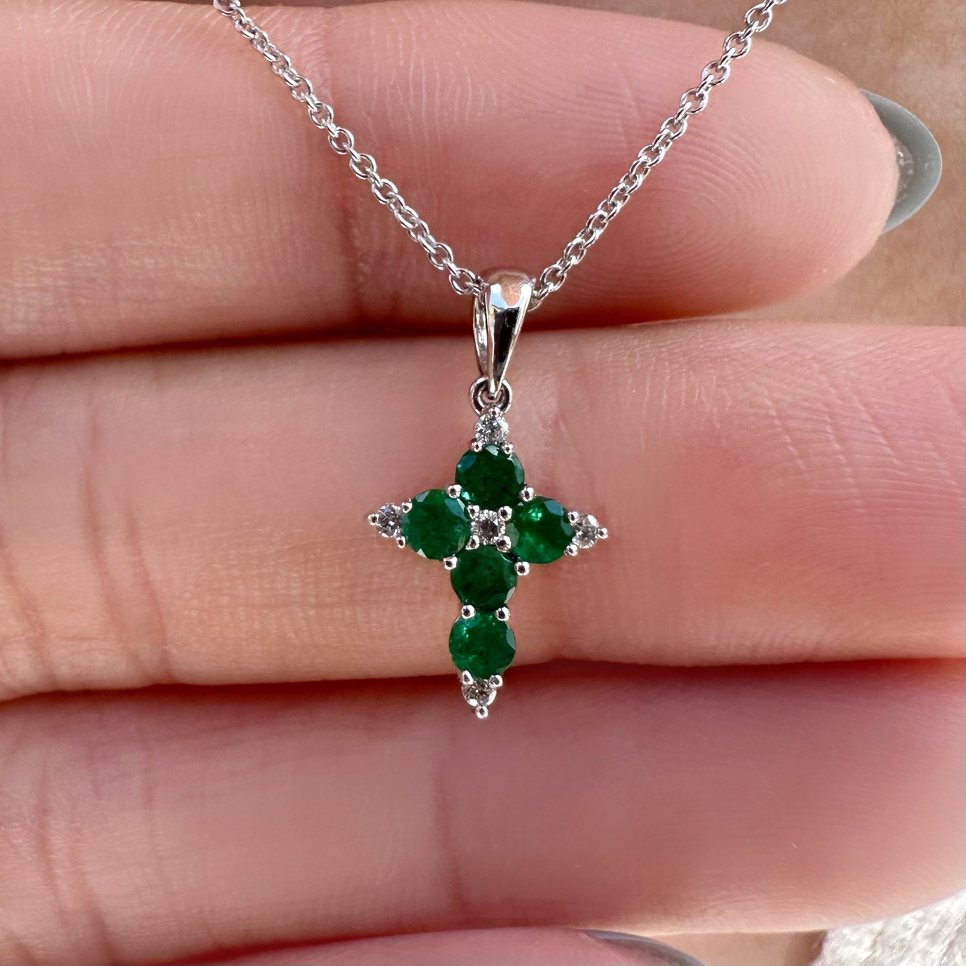 14K Solid White Gold Genuine Emerald and Diamond Dainty Cross Pendant