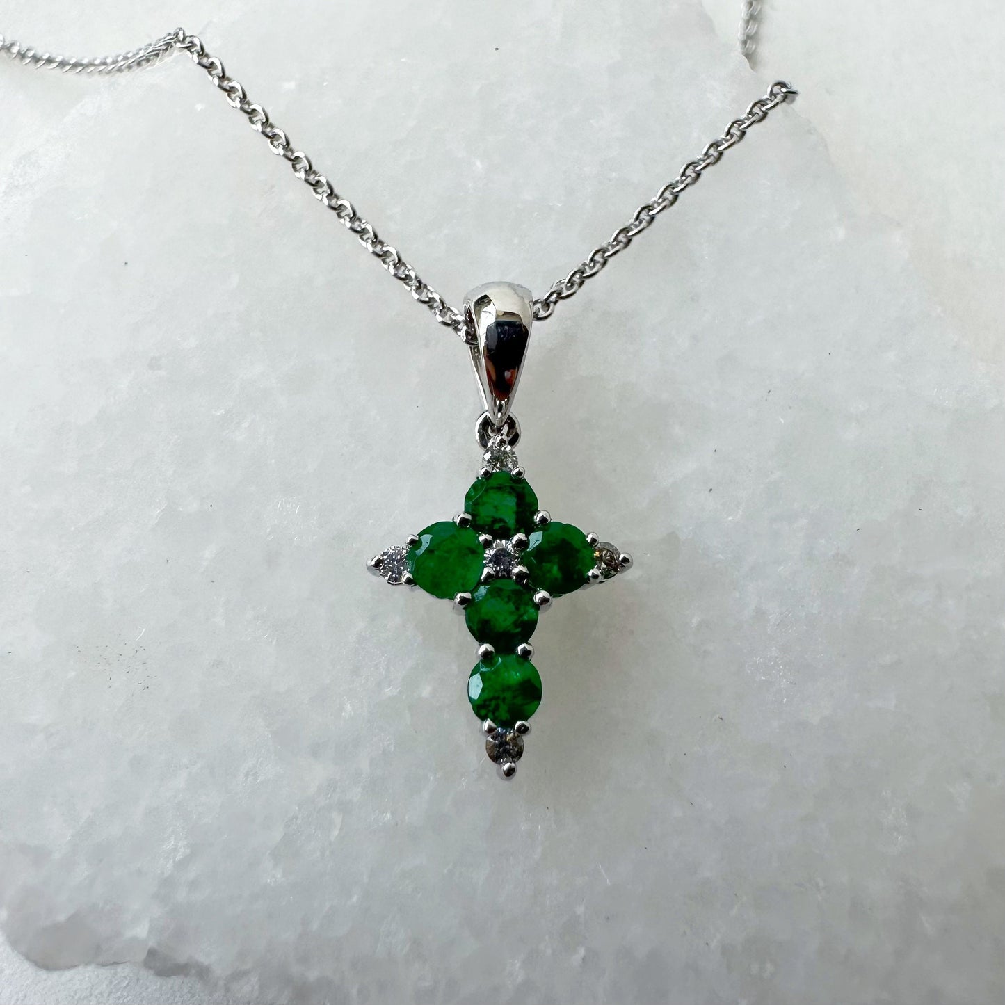 14K Solid White Gold Genuine Emerald and Diamond Dainty Cross Pendant