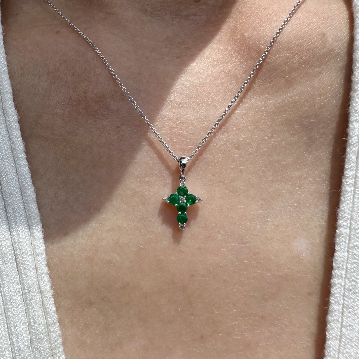 14K Solid White Gold Genuine Emerald and Diamond Dainty Cross Pendant