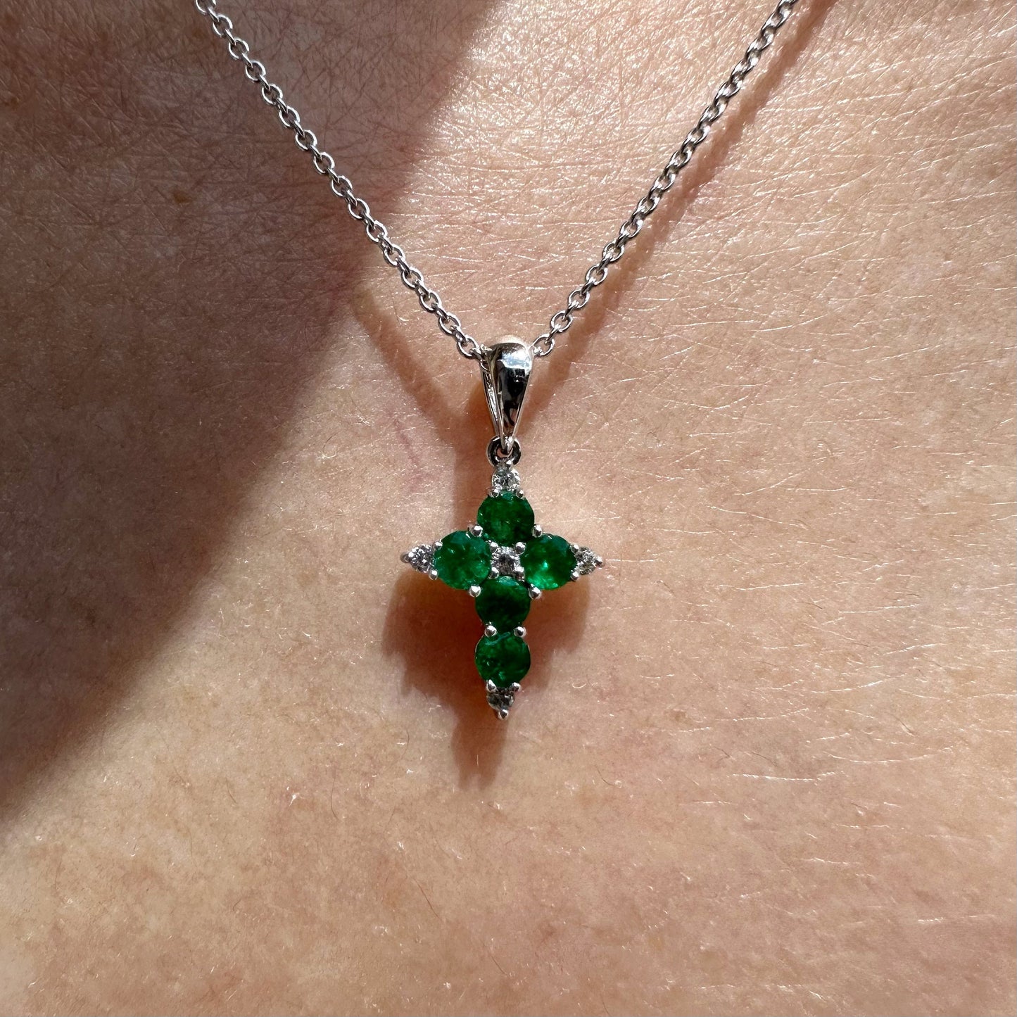 14K Solid White Gold Genuine Emerald and Diamond Dainty Cross Pendant