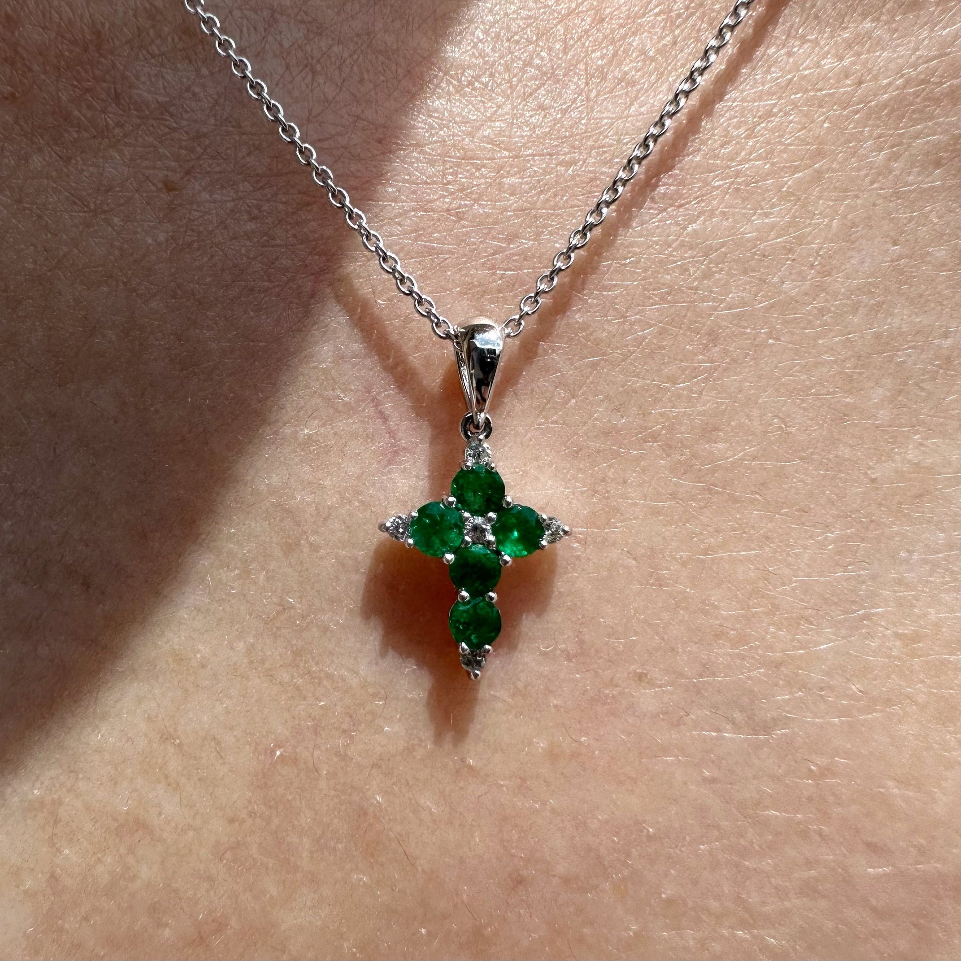 14K Solid White Gold Genuine Emerald and Diamond Dainty Cross Pendant