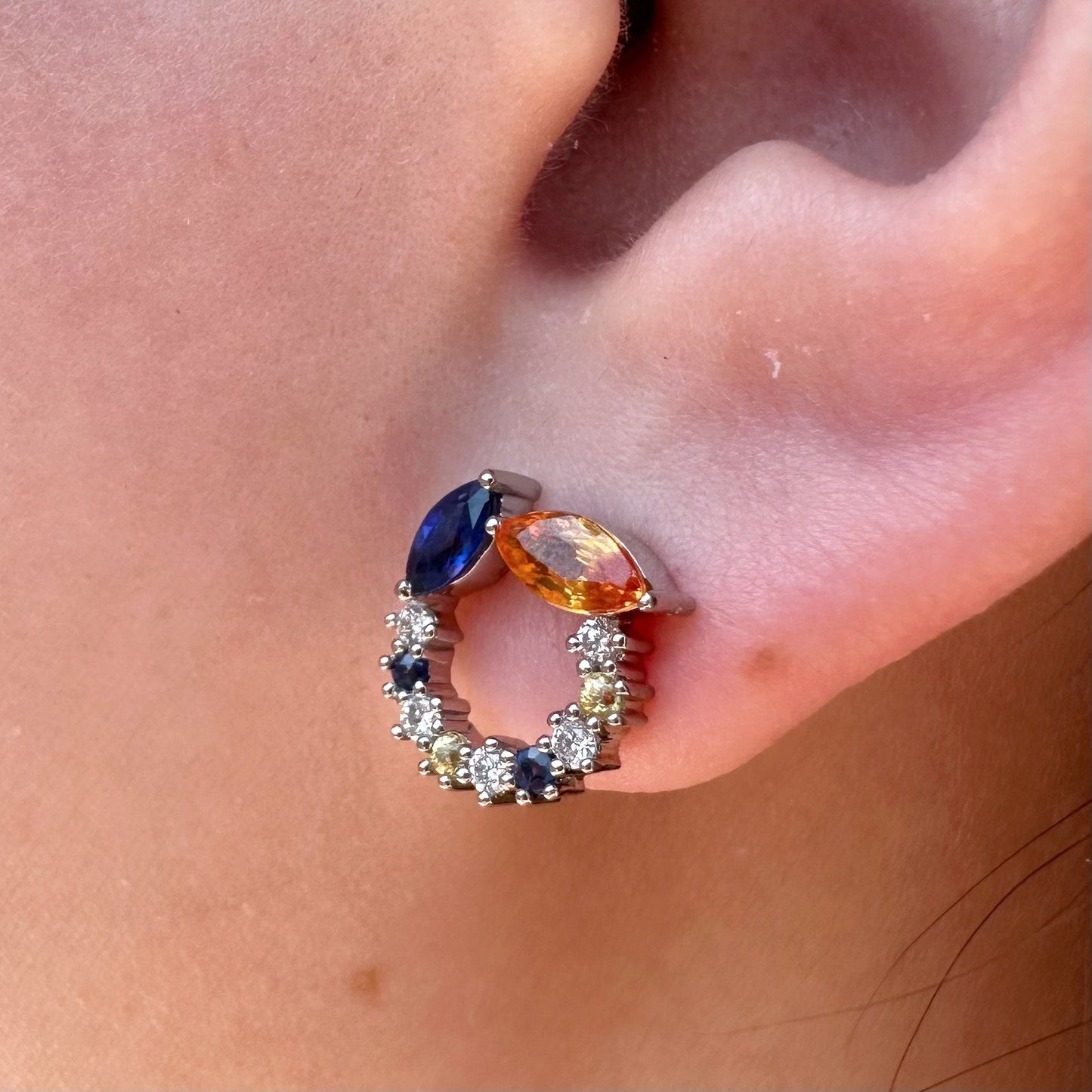 14K Solid Gold Genuine Color Sapphire and Diamond Halo Studs/Pair