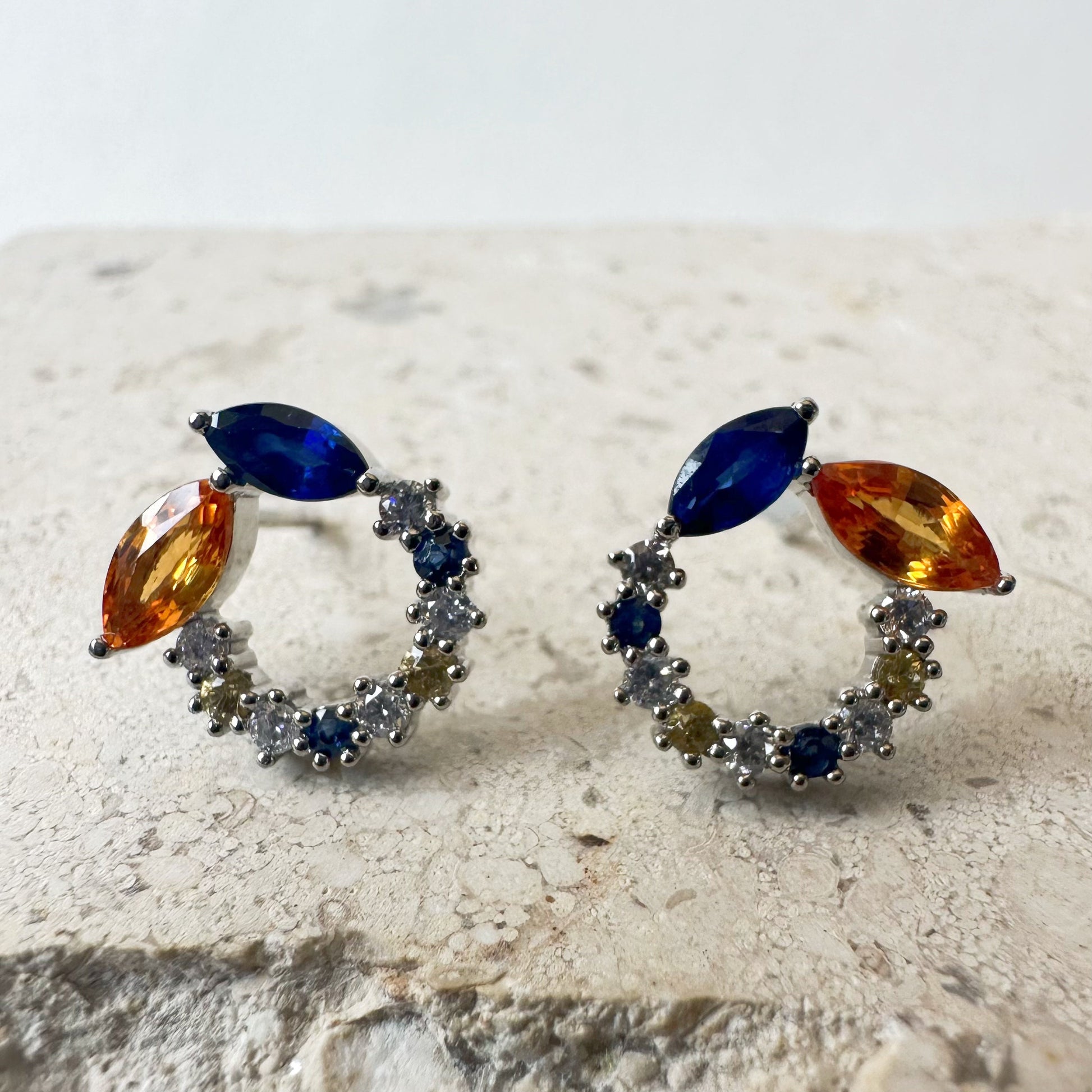 14K Solid Gold Genuine Color Sapphire and Diamond Halo Studs/Pair