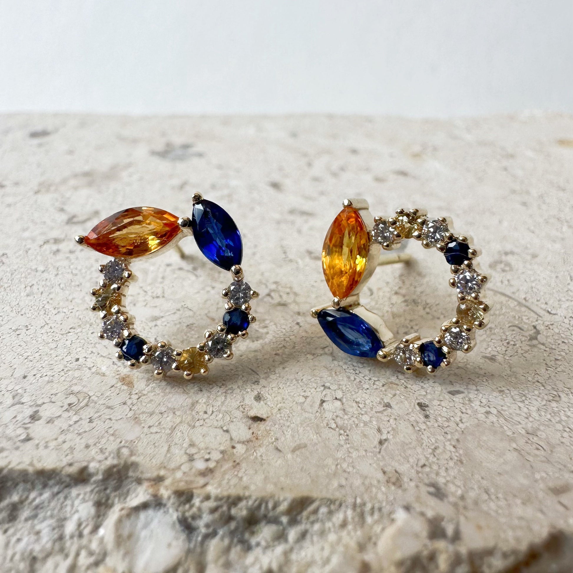 14K Solid Gold Genuine Color Sapphire and Diamond Halo Studs/Pair