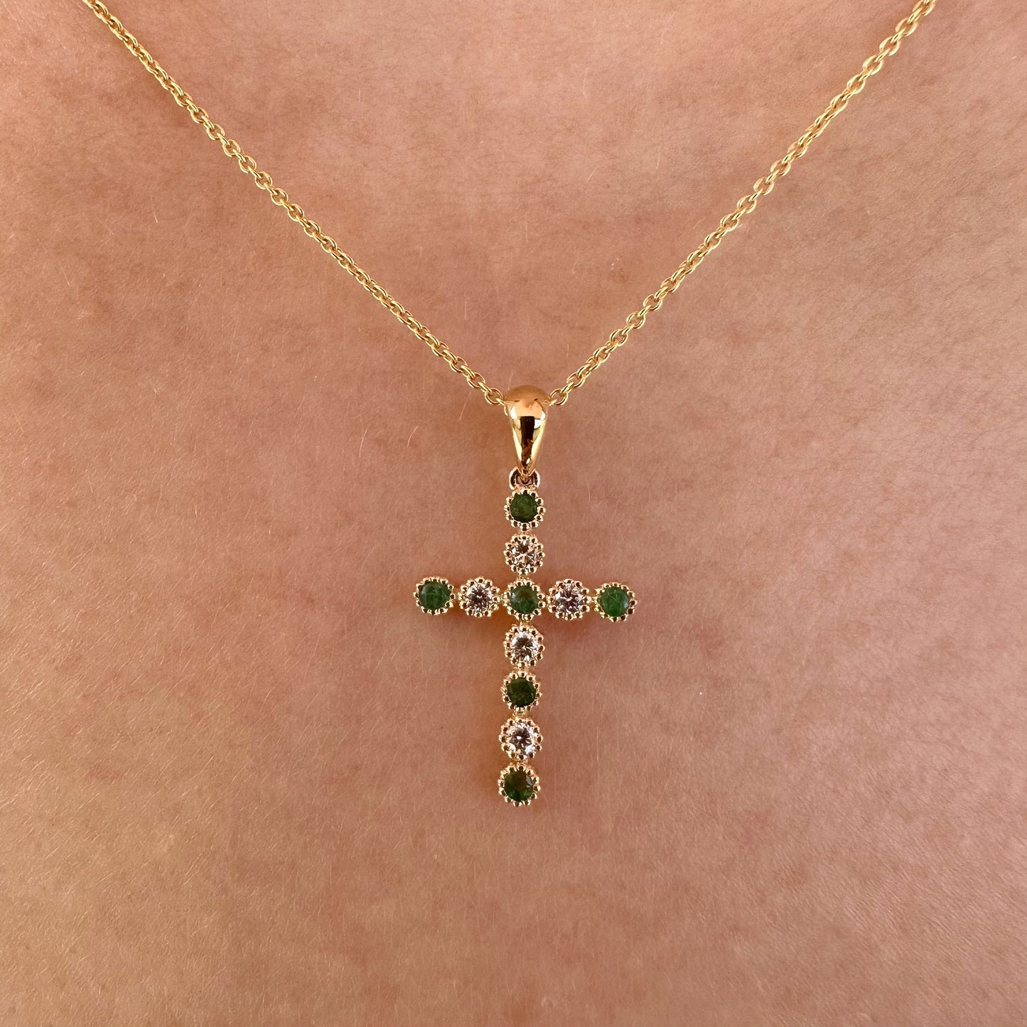 14K Solid Gold Genuine Emerald and Diamond Bezel Cross Pendant