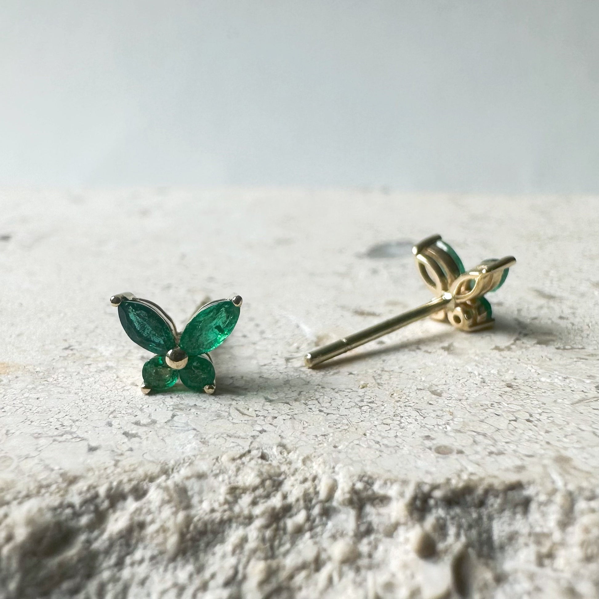 14K Solid Gold Genuine Emerald Butterfly Studs/Pair