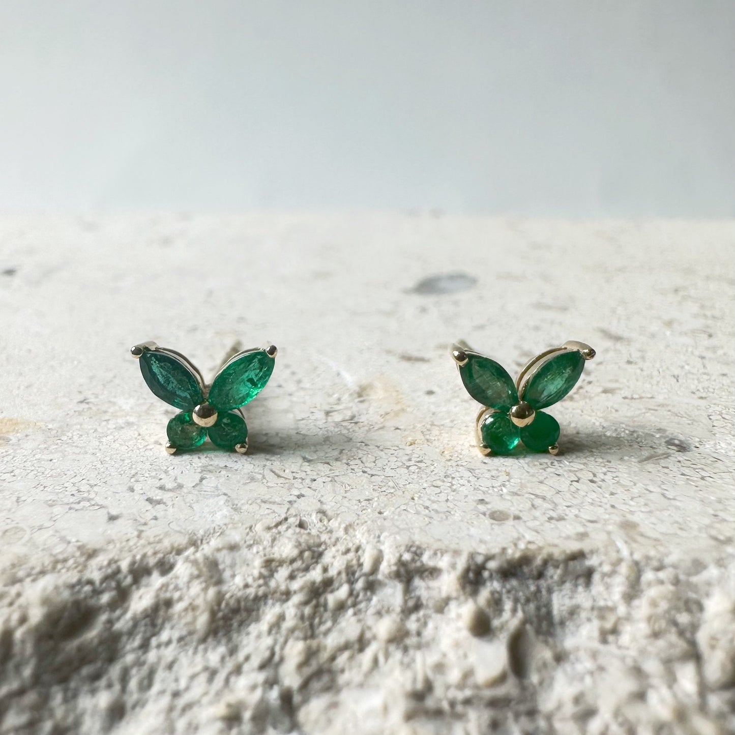 14K Solid Gold Genuine Emerald Butterfly Studs/Pair