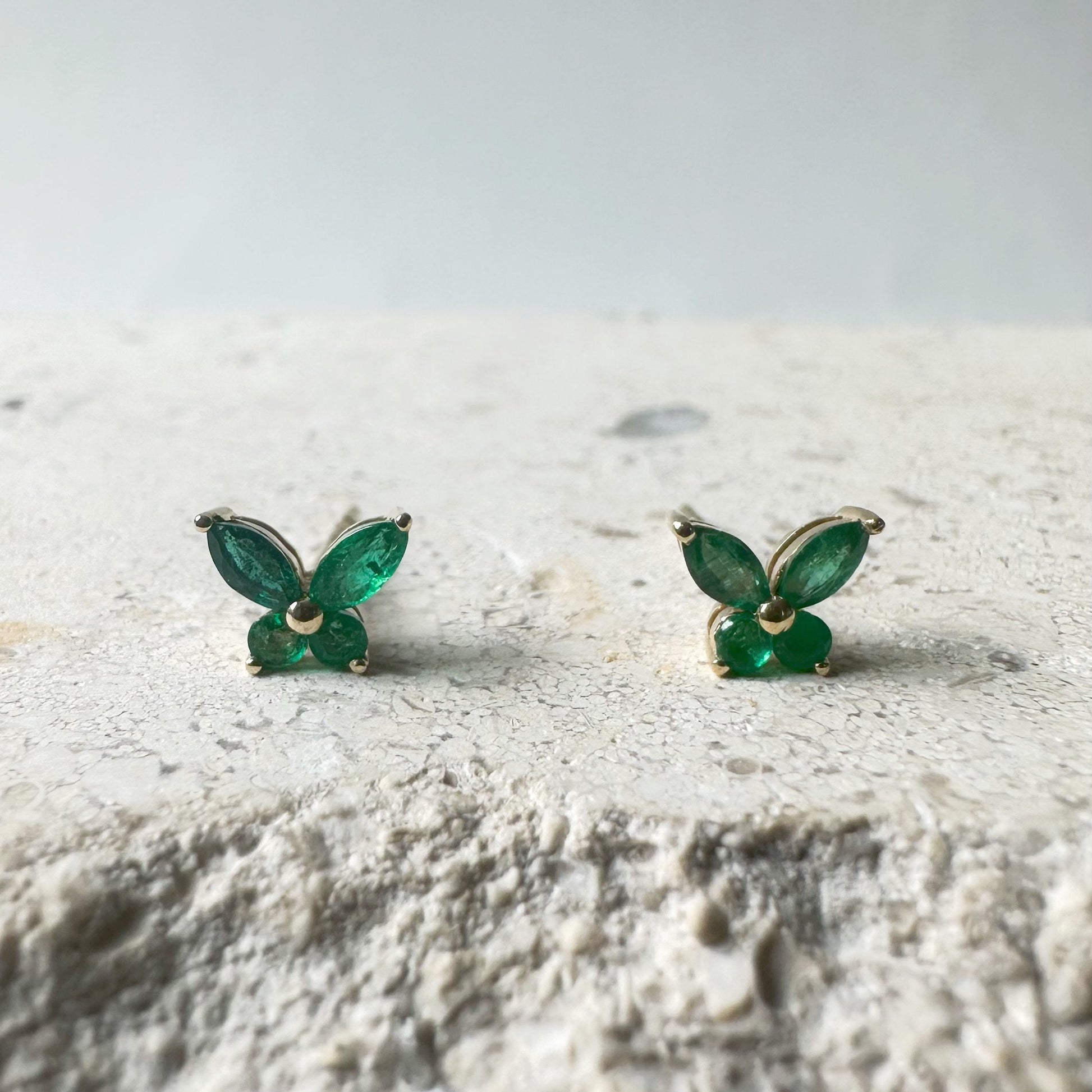 14K Solid Gold Genuine Emerald Butterfly Studs/Pair