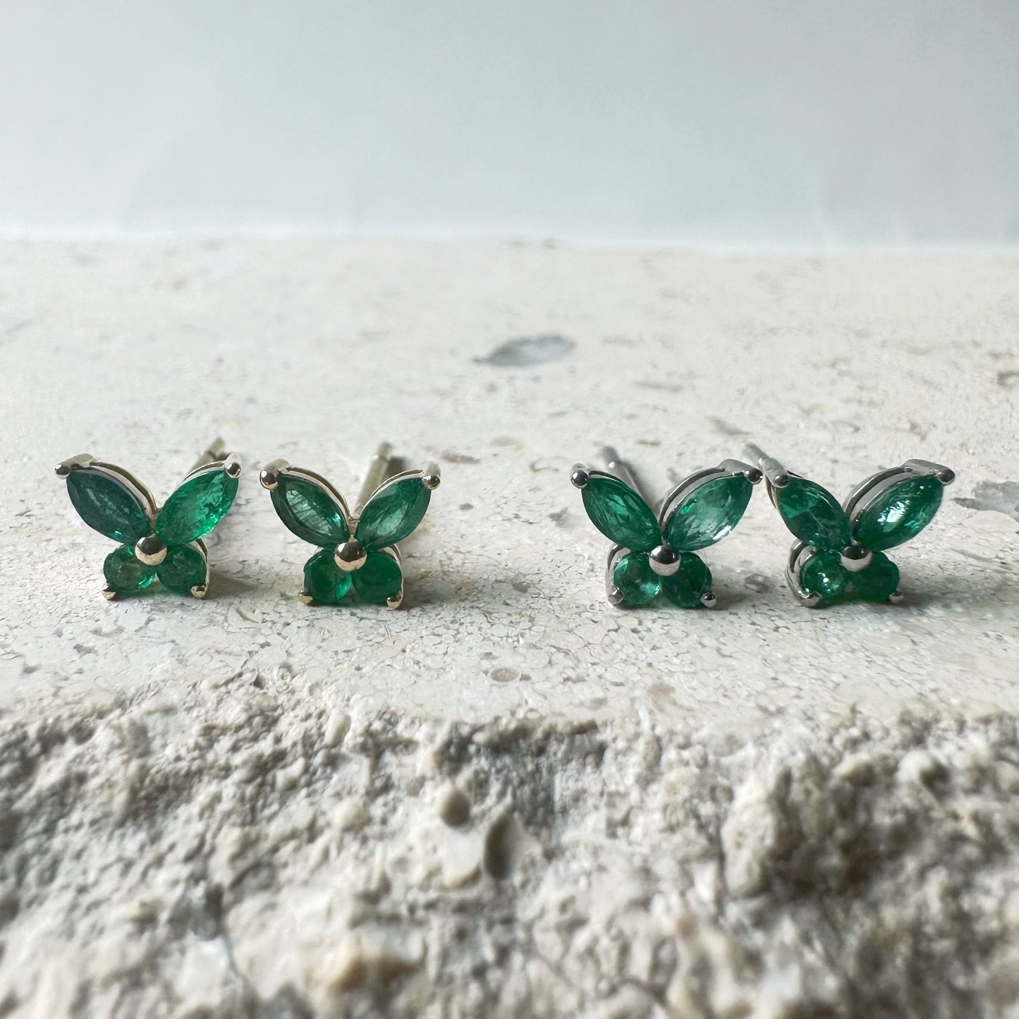14K Solid Gold Genuine Emerald Butterfly Studs/Pair