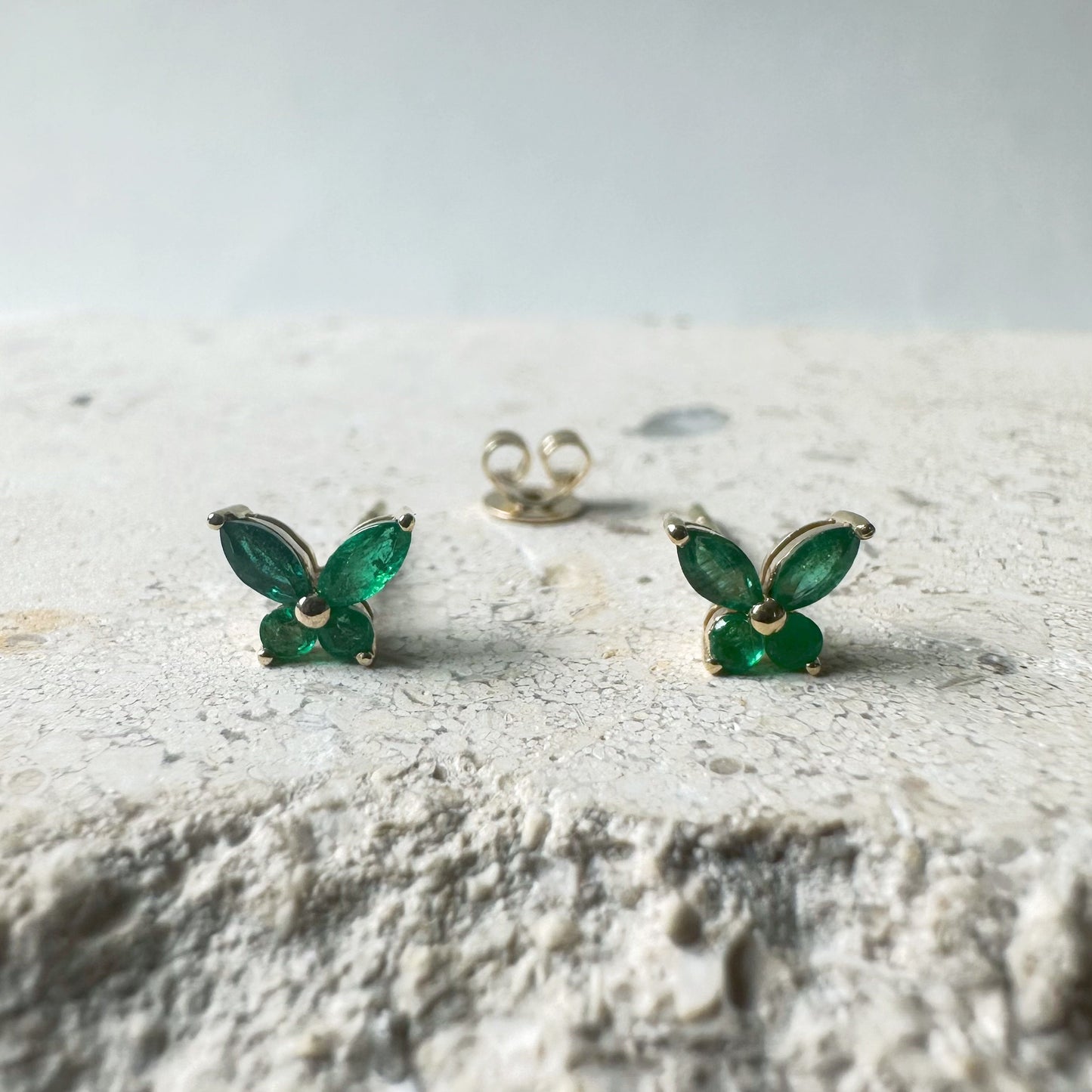14K Solid Gold Genuine Emerald Butterfly Studs/Pair