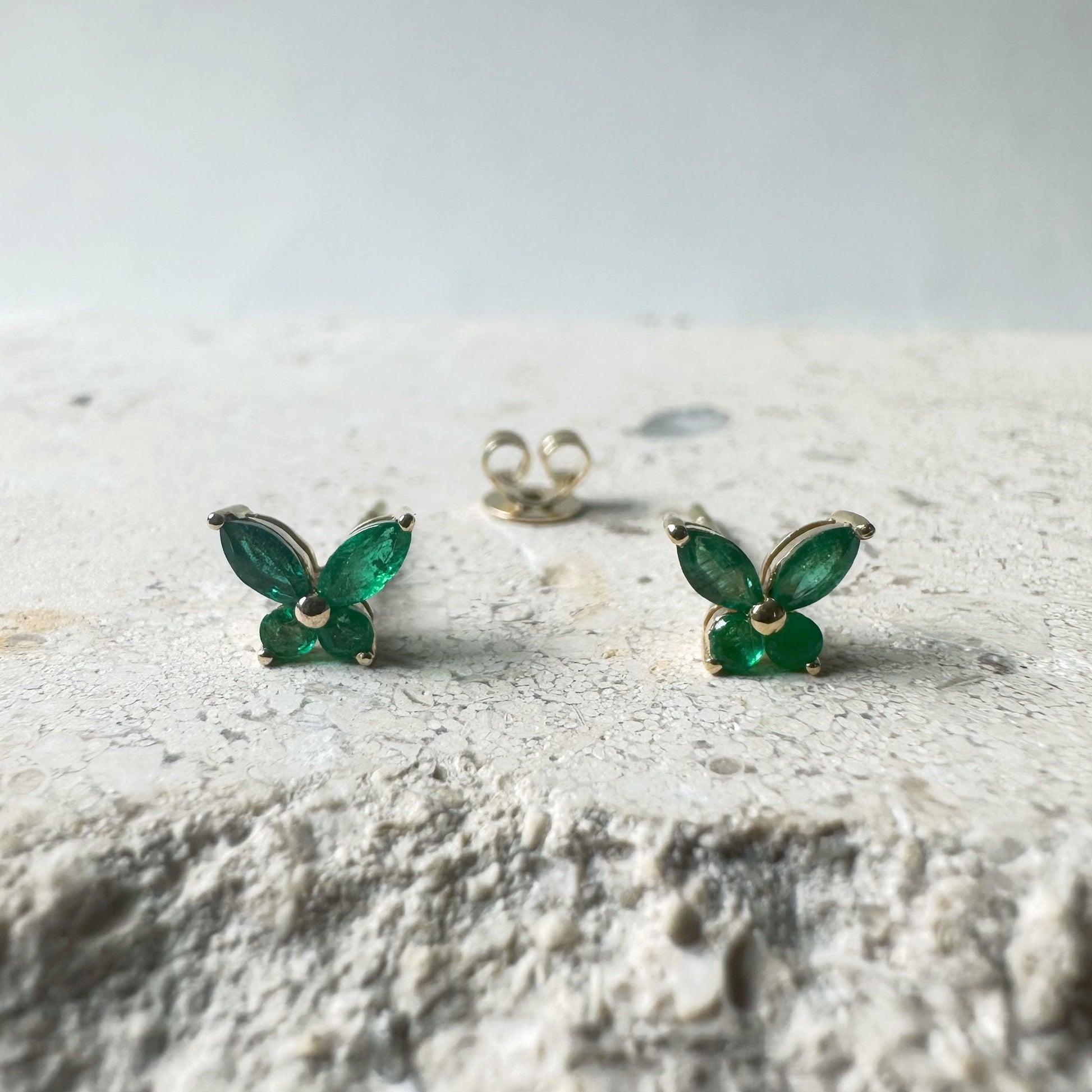 14K Solid Gold Genuine Emerald Butterfly Studs/Pair