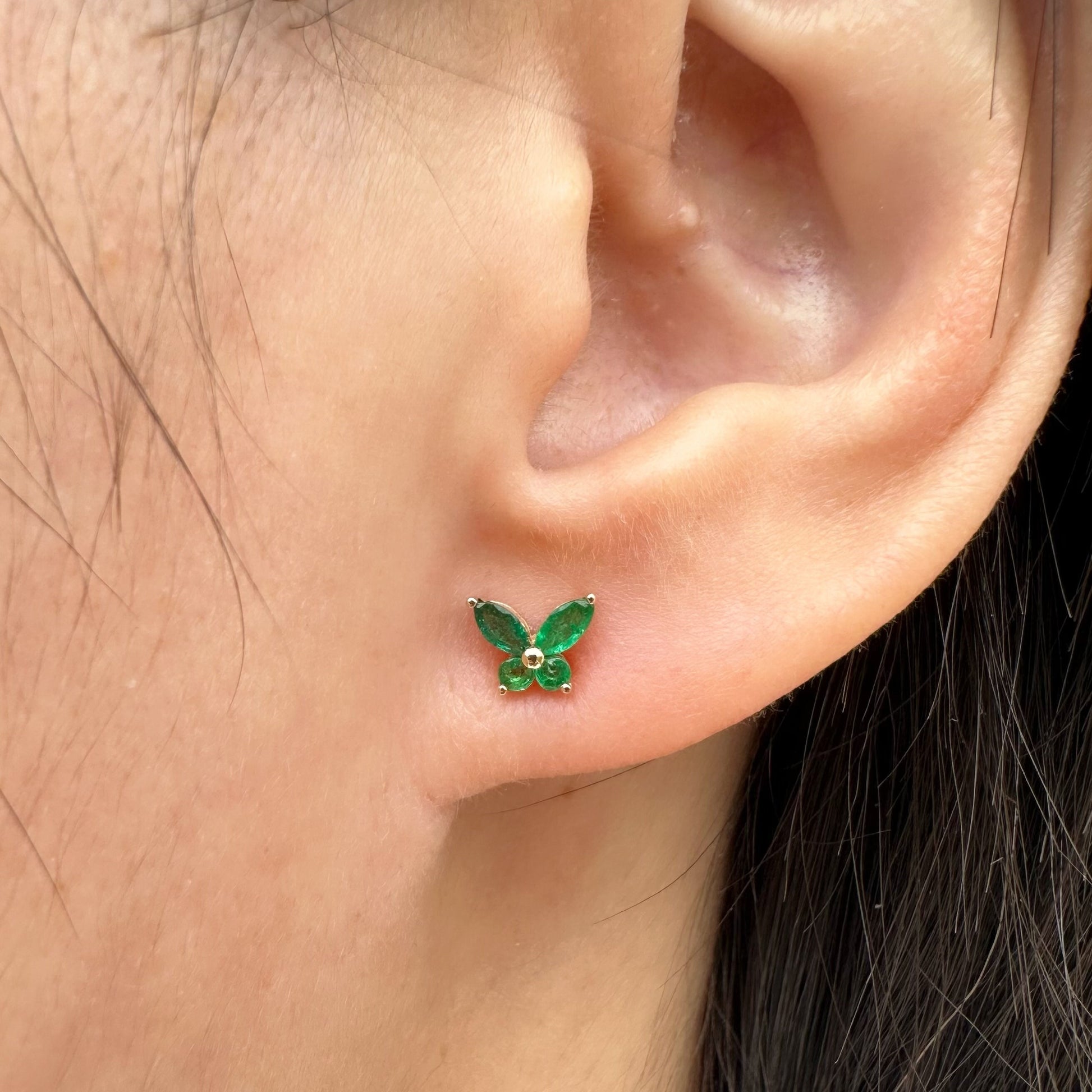 14K Solid Gold Genuine Emerald Butterfly Studs/Pair