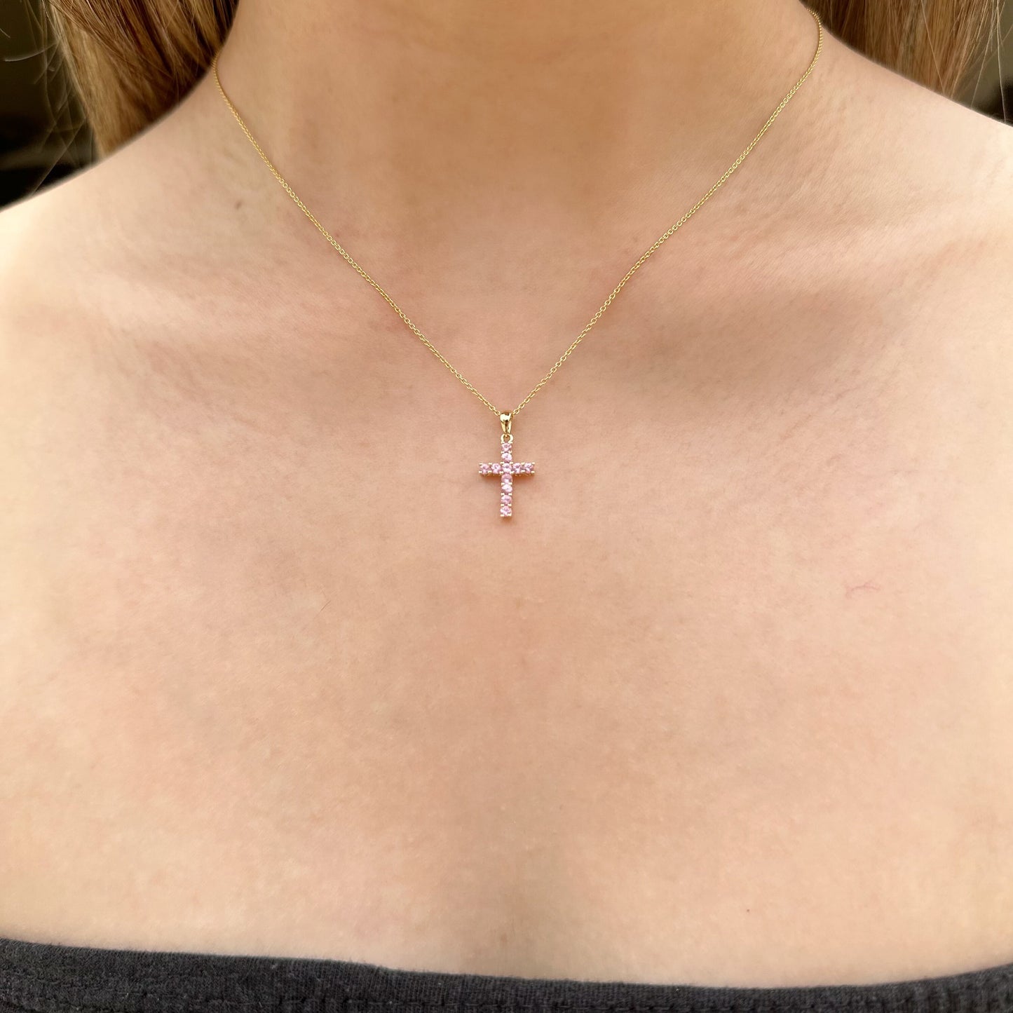 14K Solid Gold Genuine Pink Sapphire Cross Pendant