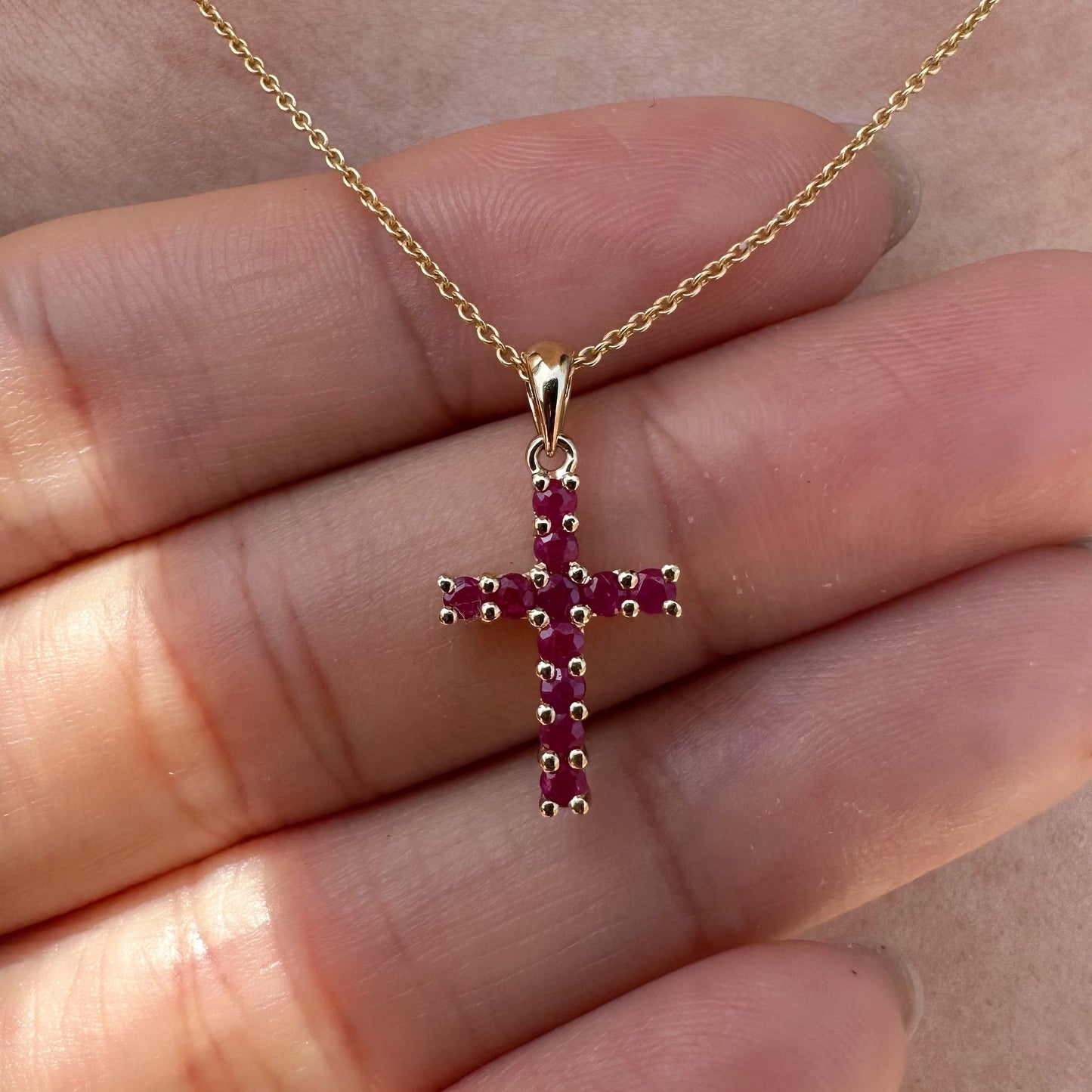 14K Solid Gold Genuine Ruby Cross Pendant