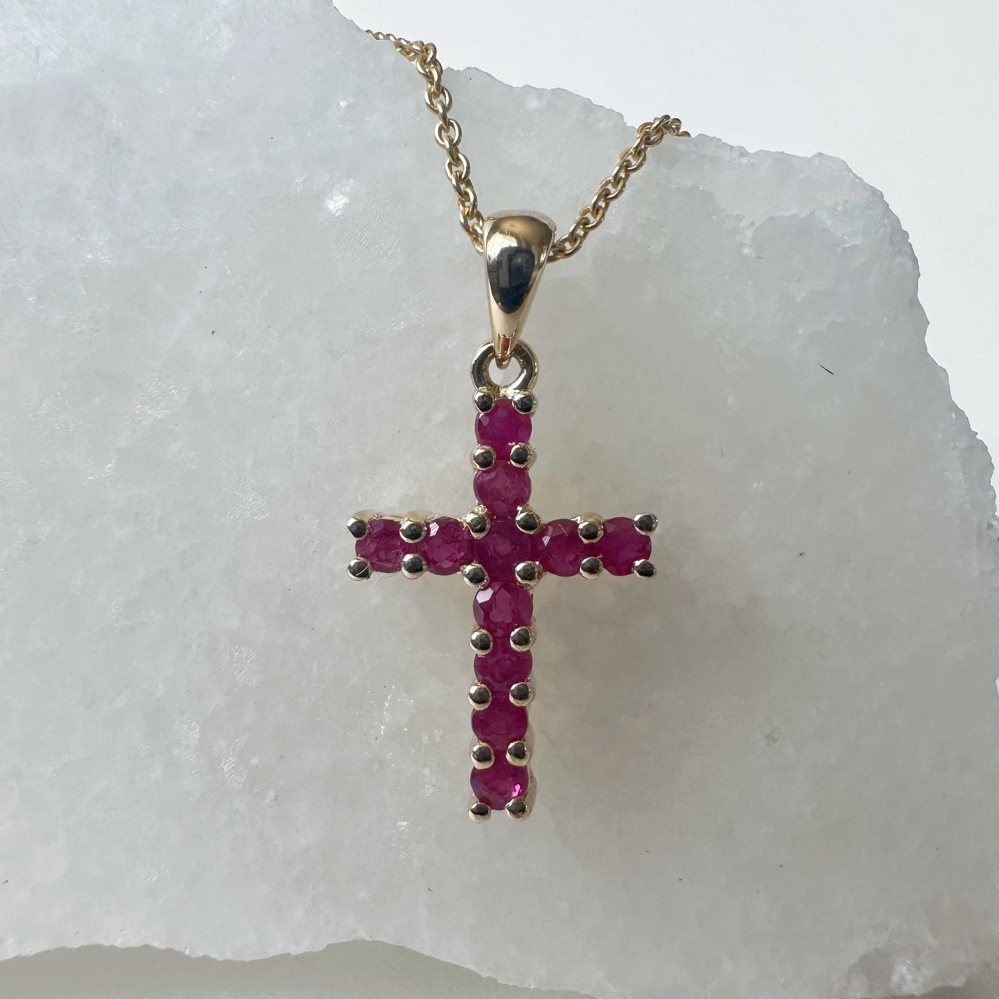 14K Solid Gold Genuine Ruby Cross Pendant