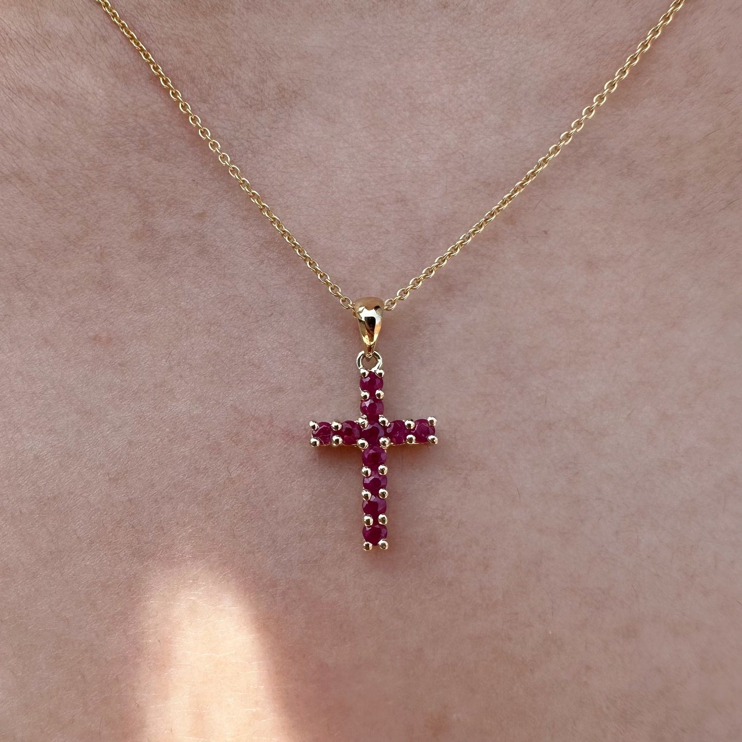 14K Solid Gold Genuine Ruby Cross Pendant