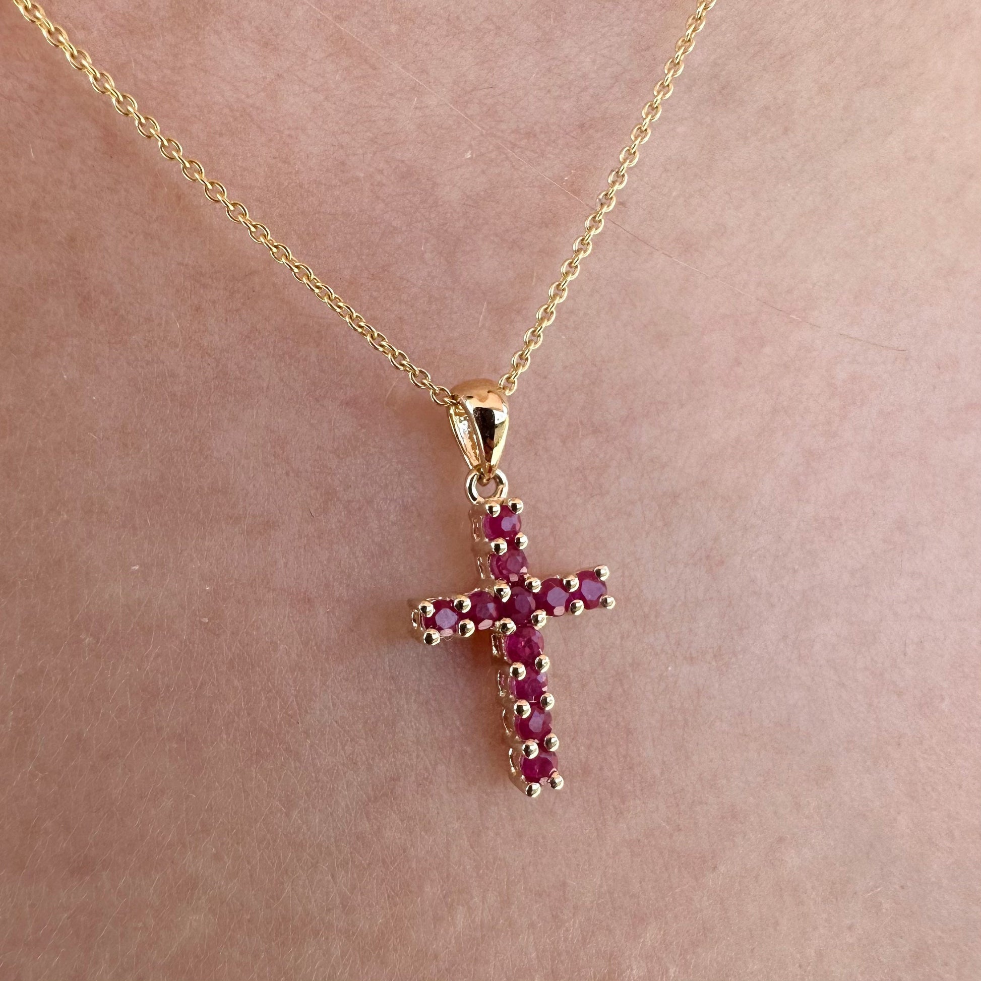 14K Solid Gold Genuine Ruby Cross Pendant
