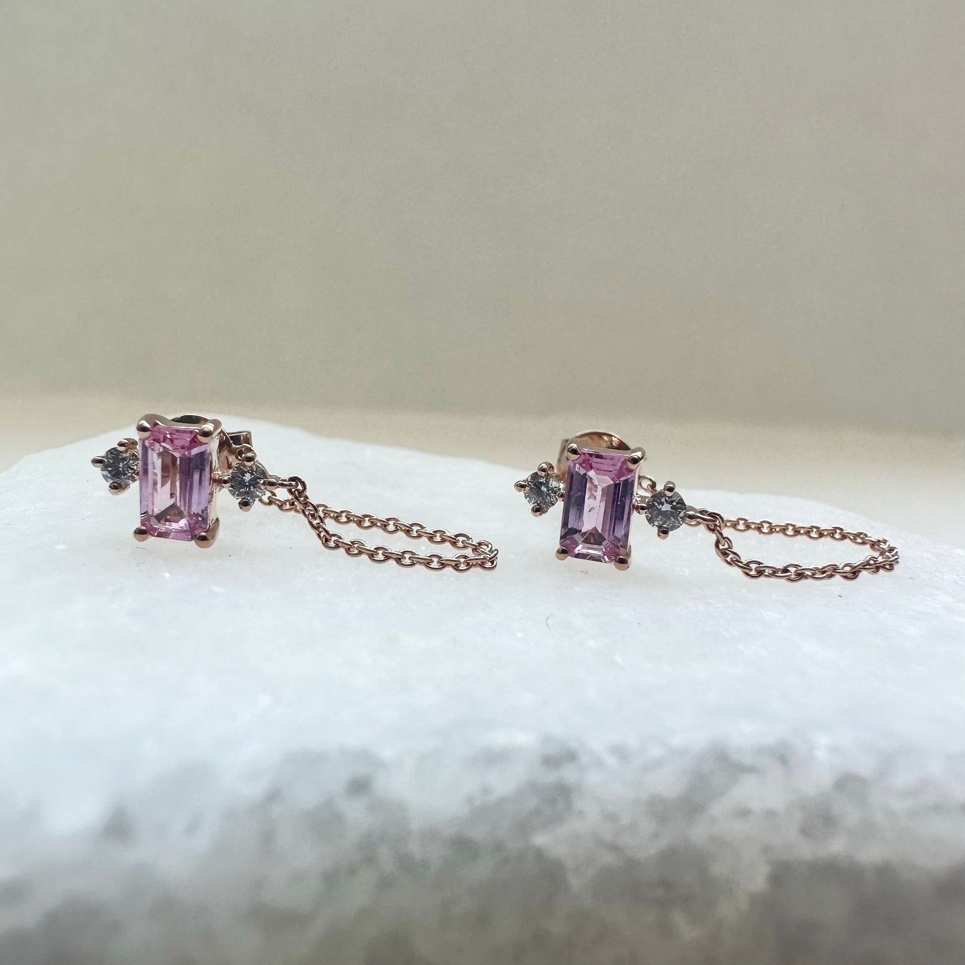 14K Solid Gold Genuine Pink Sapphire and Diamond Chain Earrings