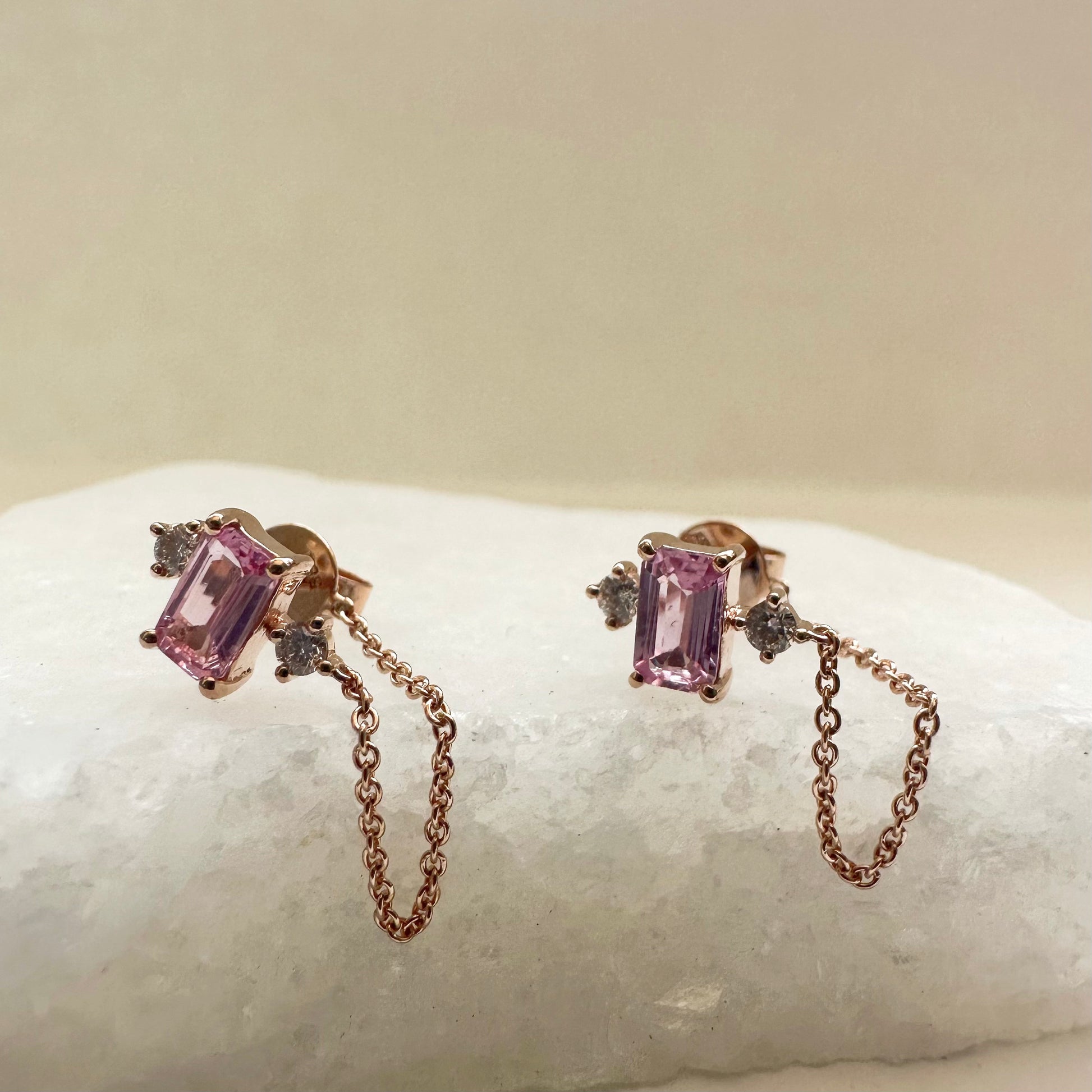 14K Solid Gold Genuine Pink Sapphire and Diamond Chain Earrings