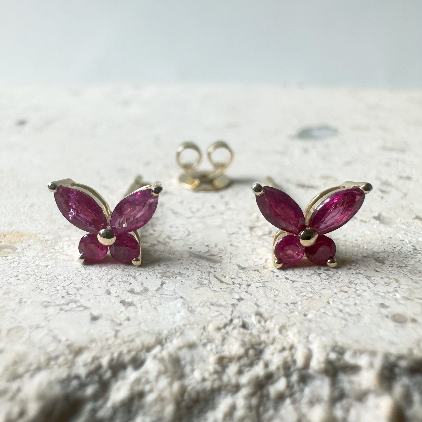 14K Solid Gold Genuine Ruby Butterfly Studs/Pair