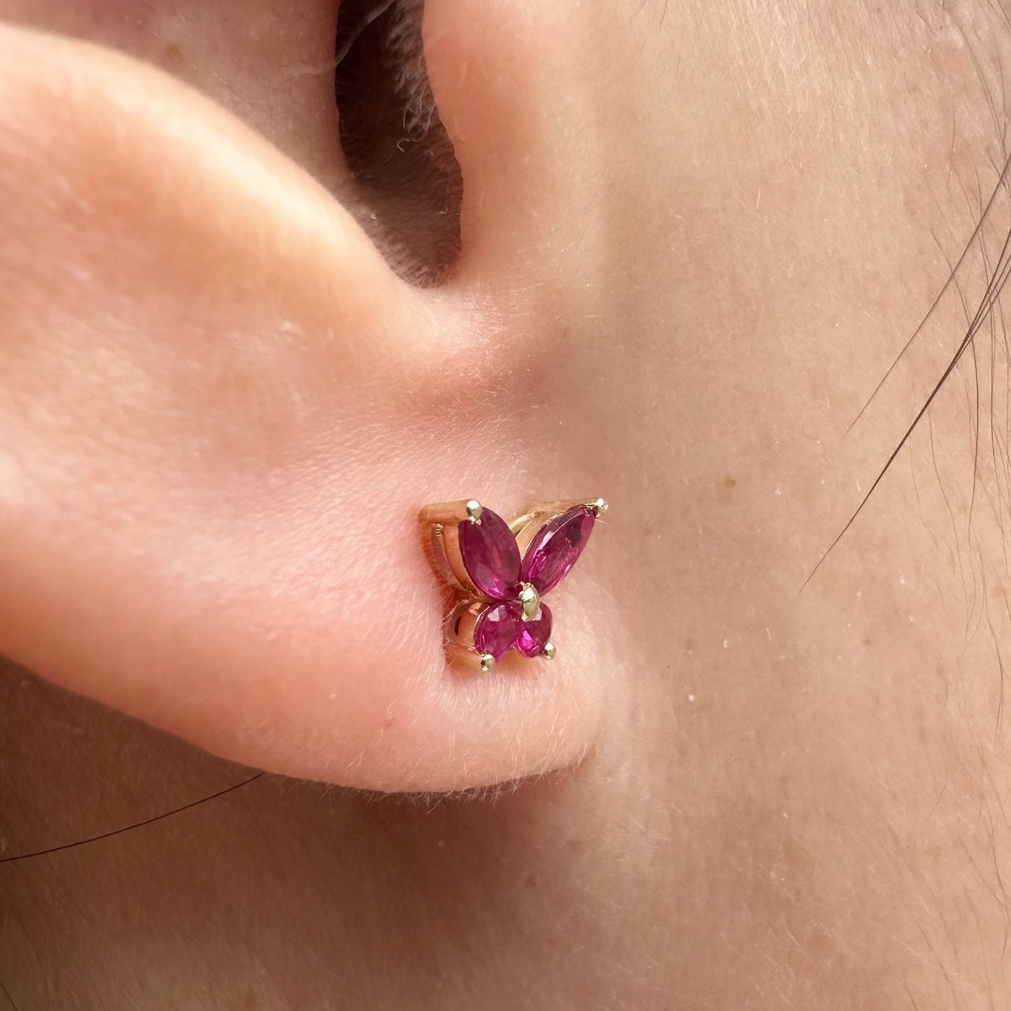 14K Solid Gold Genuine Ruby Butterfly Studs/Pair