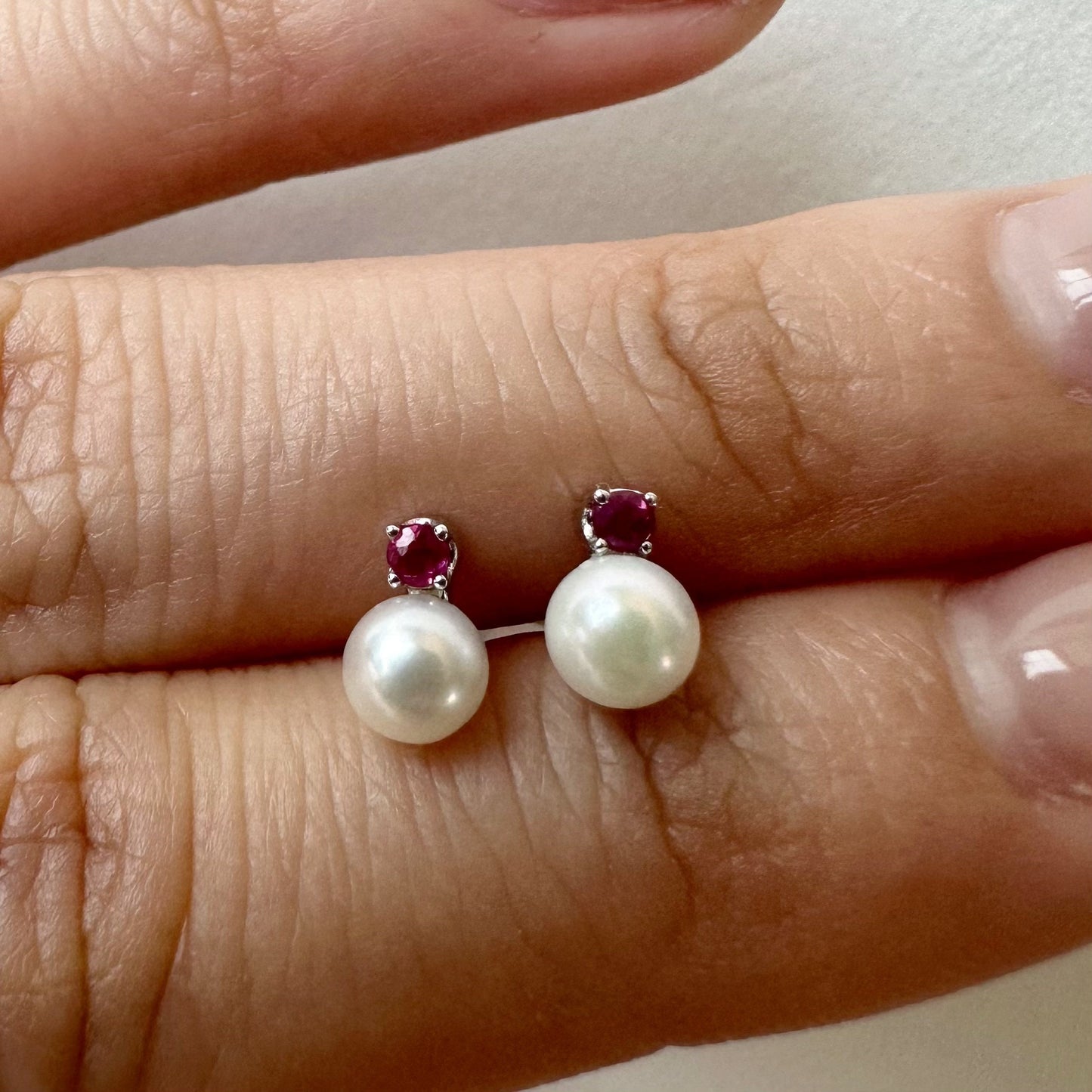 14K Solid Gold Genuine Akoya Pearl and Ruby Studs/Pair